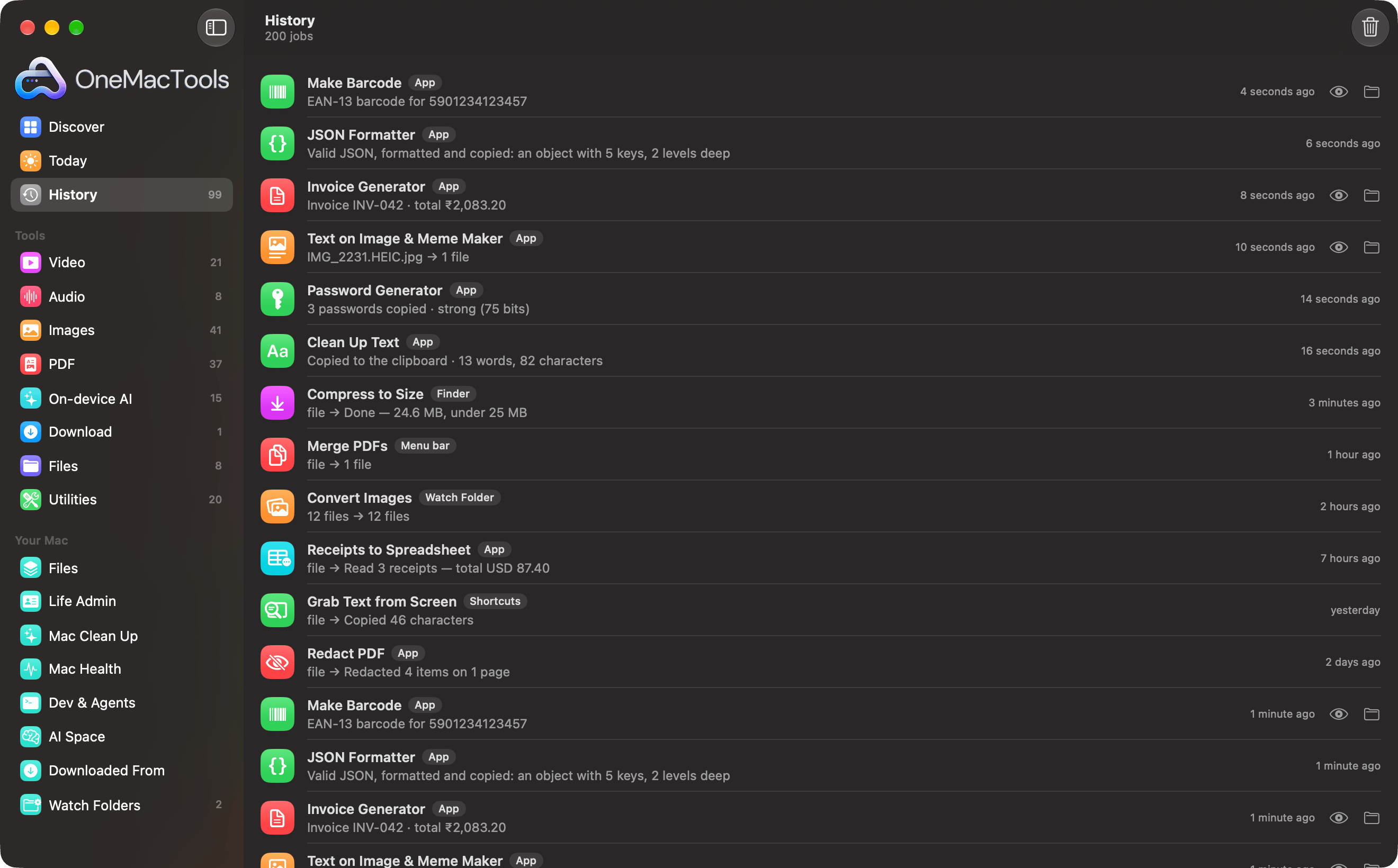 OneMacTools History listing jobs from Finder, the menu bar, Watch Folders and Shortcuts