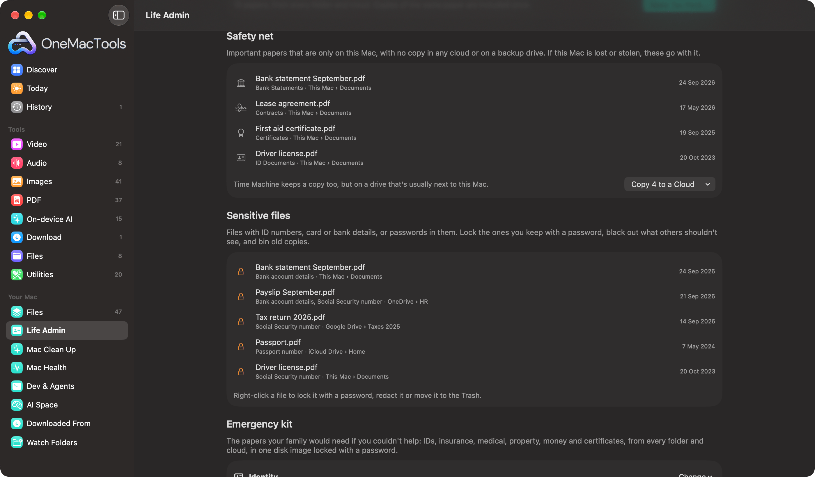 OneMacTools Life Admin safety net listing papers kept only on this Mac, and sensitive files with ID or account numbers