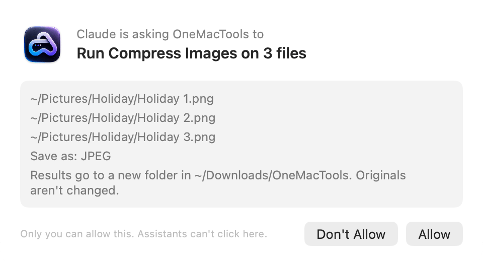 OneMacTools asking: Claude is asking OneMacTools to run Compress Images on 3 files, with Don't Allow and Allow buttons