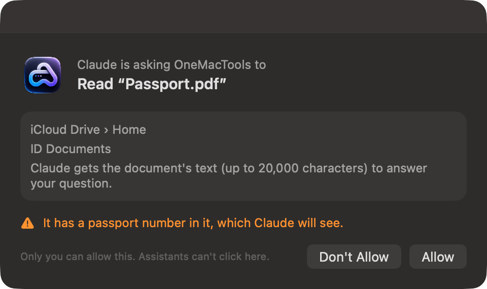 OneMacTools asking: Claude is asking OneMacTools to read Passport.pdf, with a warning that it has a passport number in it
