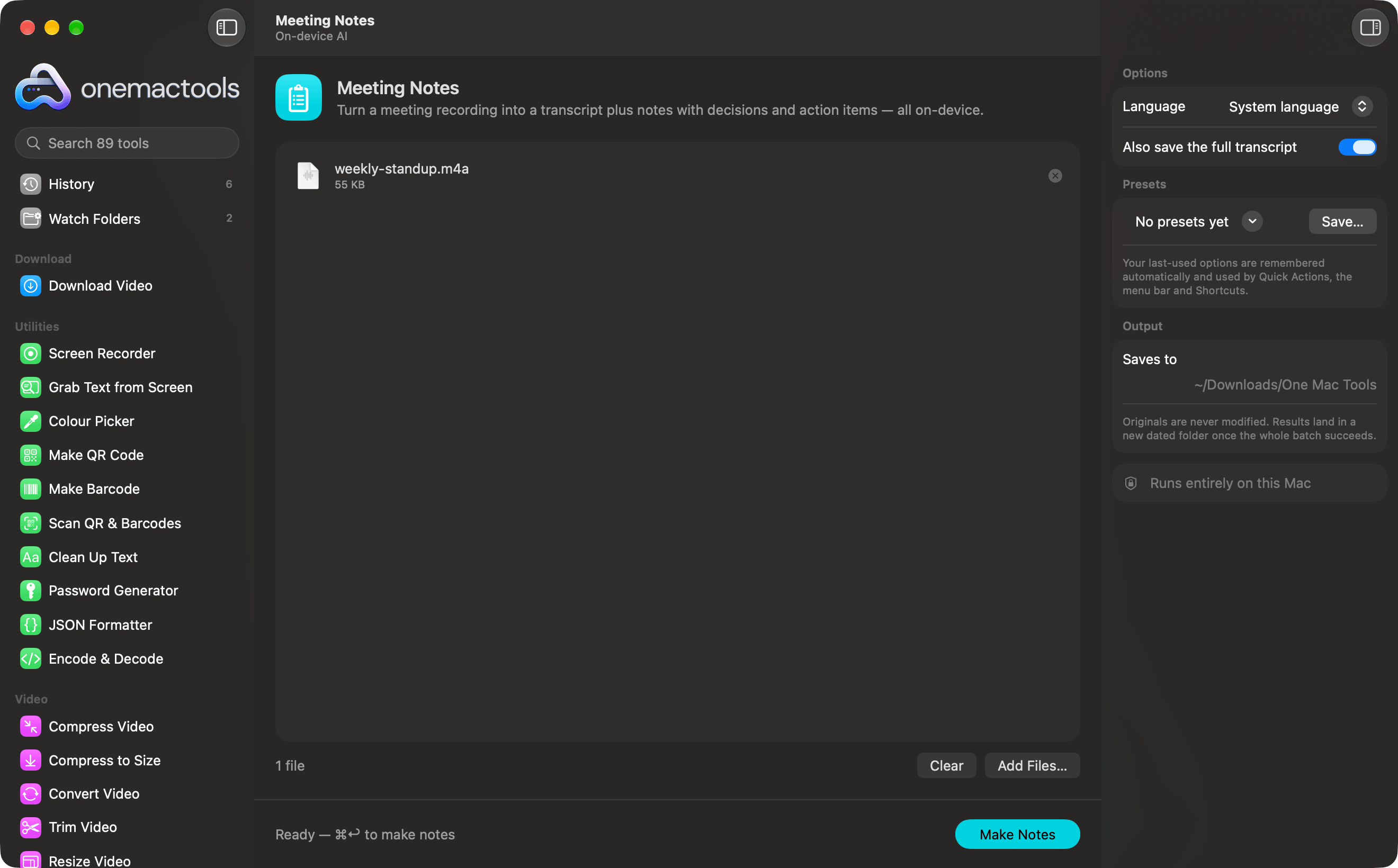 OneMacTools Meeting Notes with a recording loaded