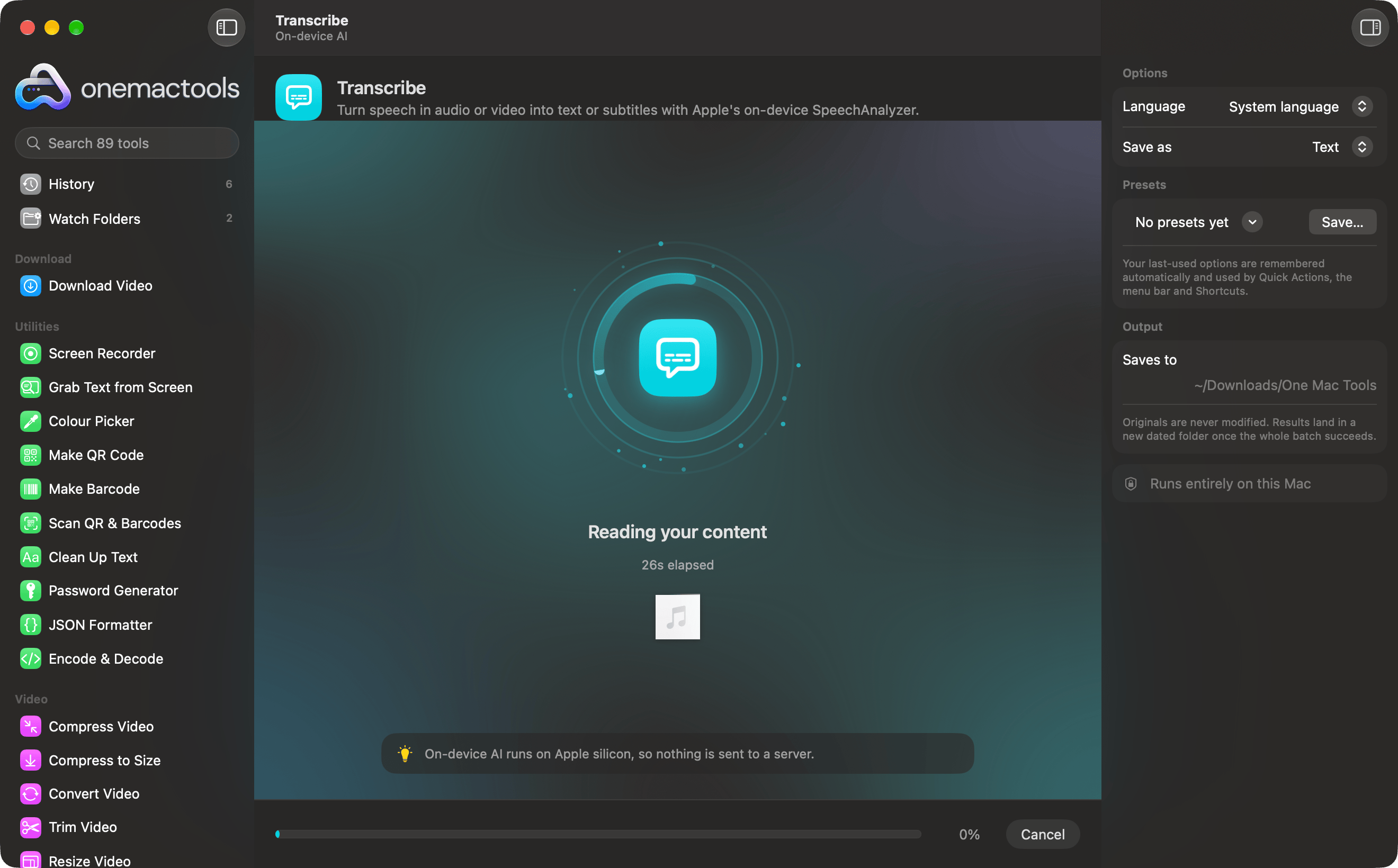 OneMacTools transcribing a recording with on-device AI