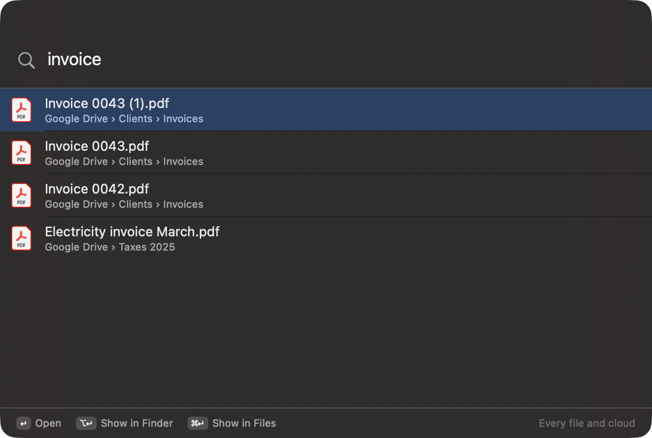 OneMacTools Quick Search panel finding four invoices across clouds