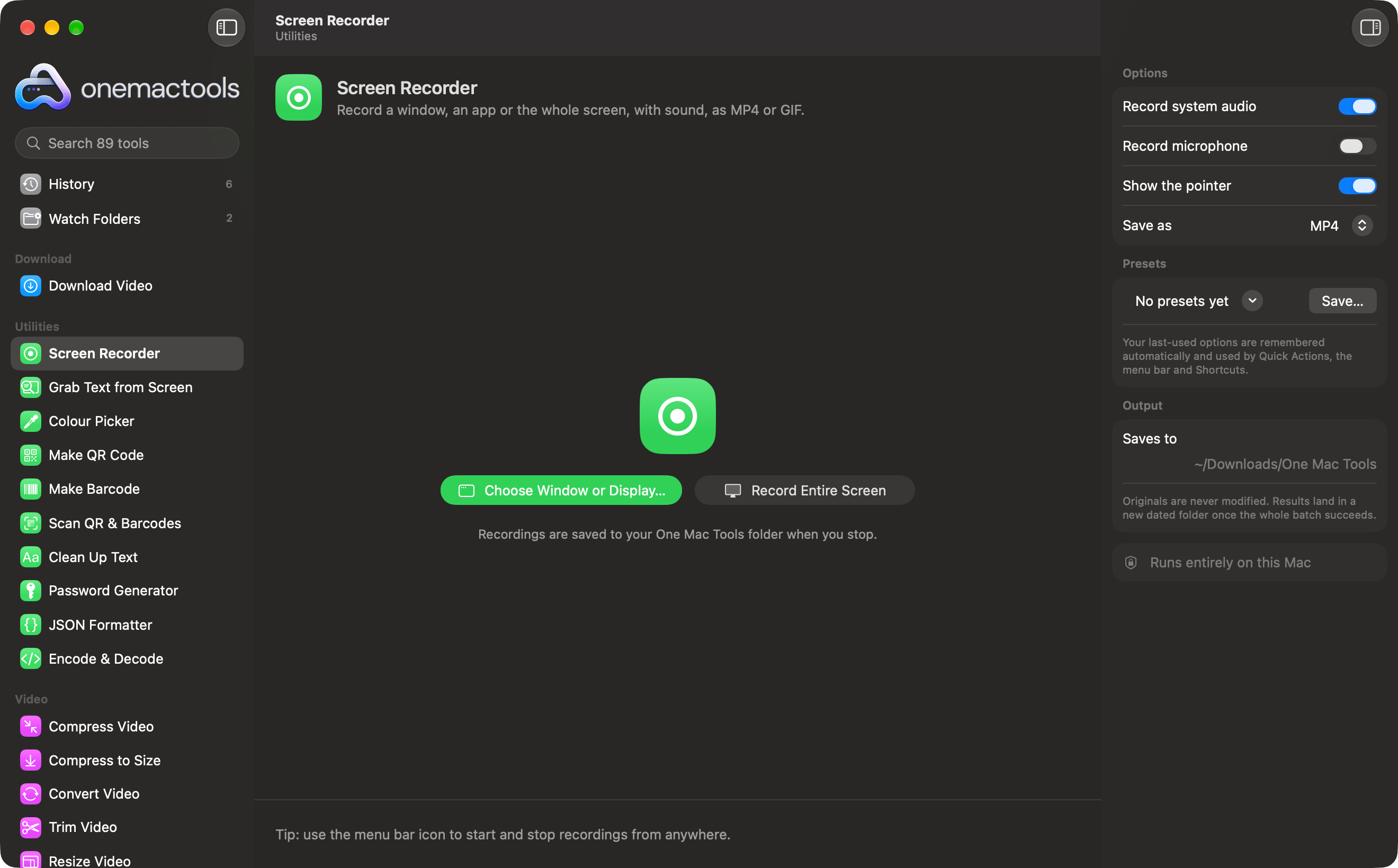 OneMacTools Screen Recorder ready to record a window or the whole screen