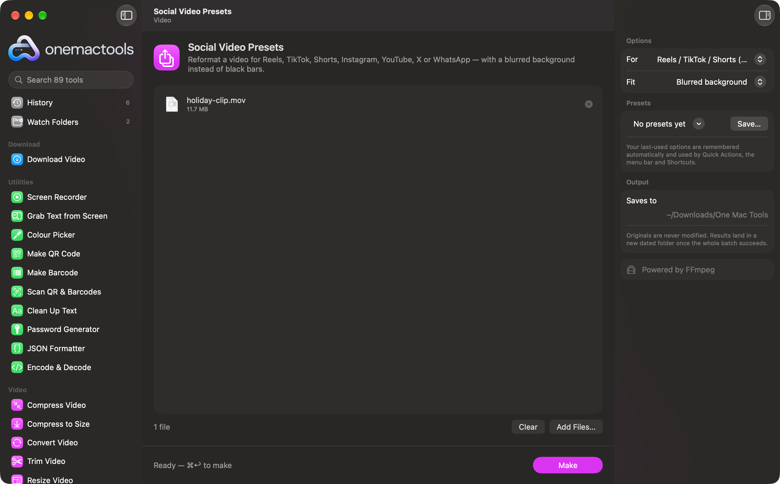 OneMacTools Social Video Presets with a video ready for Reels