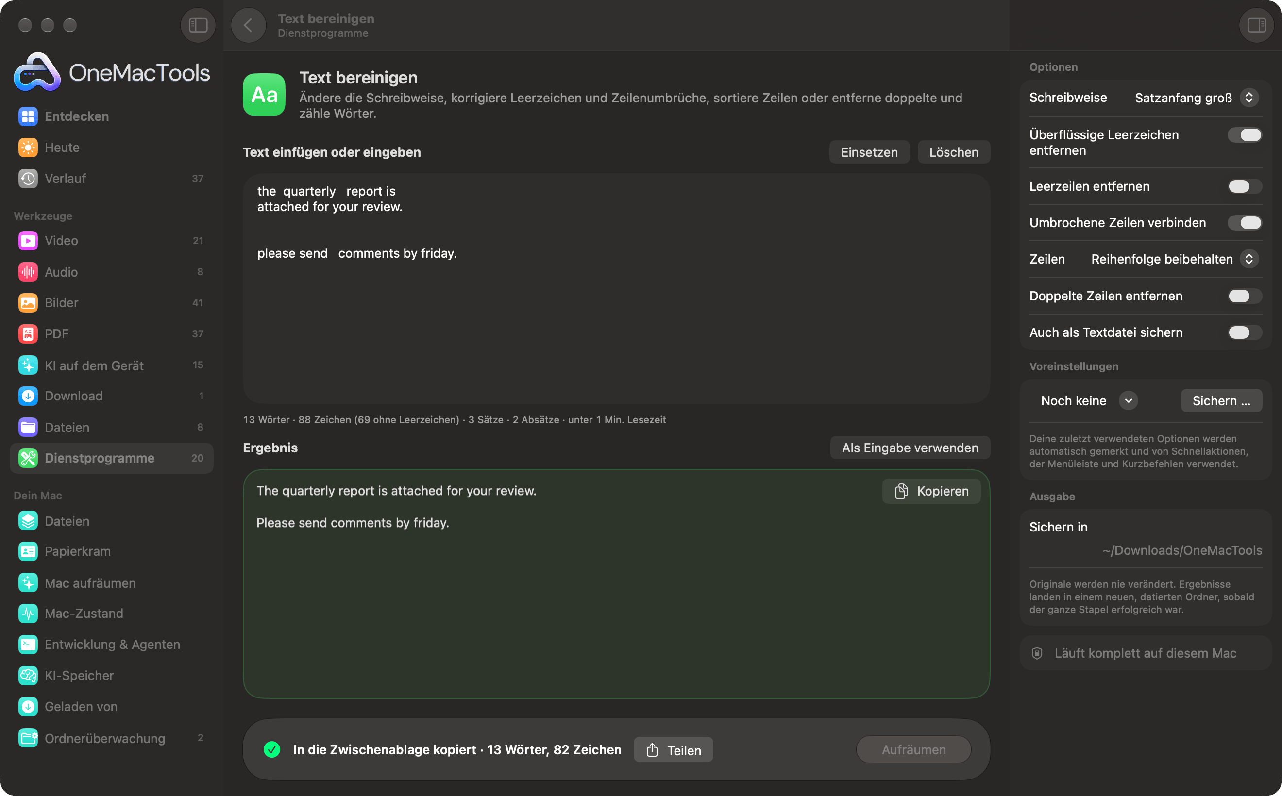 OneMacTools „Text bereinigen“ macht aus unordentlich eingefügtem Text saubere Sätze, mit Live-Wortzählung