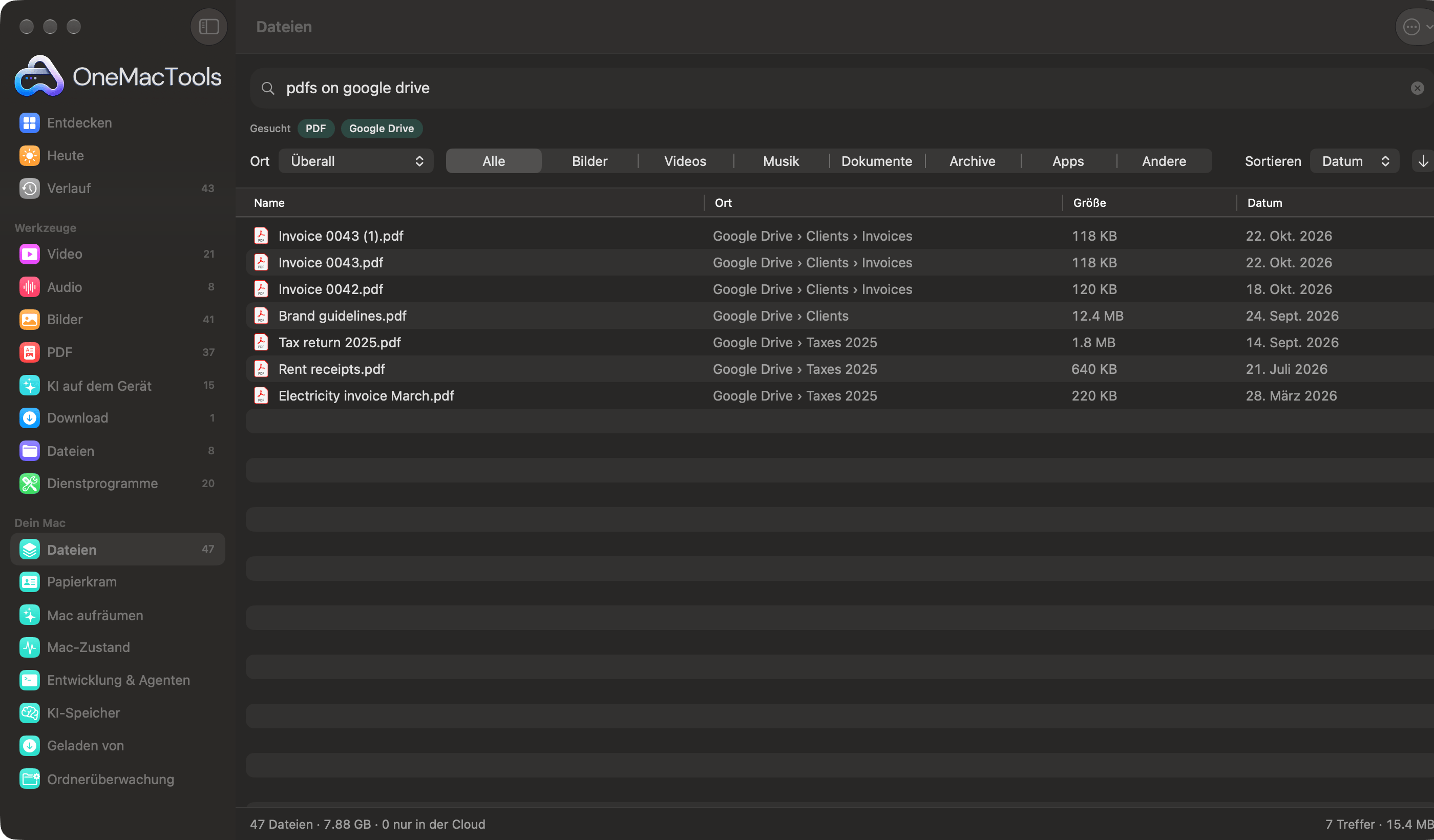 OneMacTools „Dateien“ sucht nach „pdfs on google drive“, gelesen als die Filter PDF und Google Drive