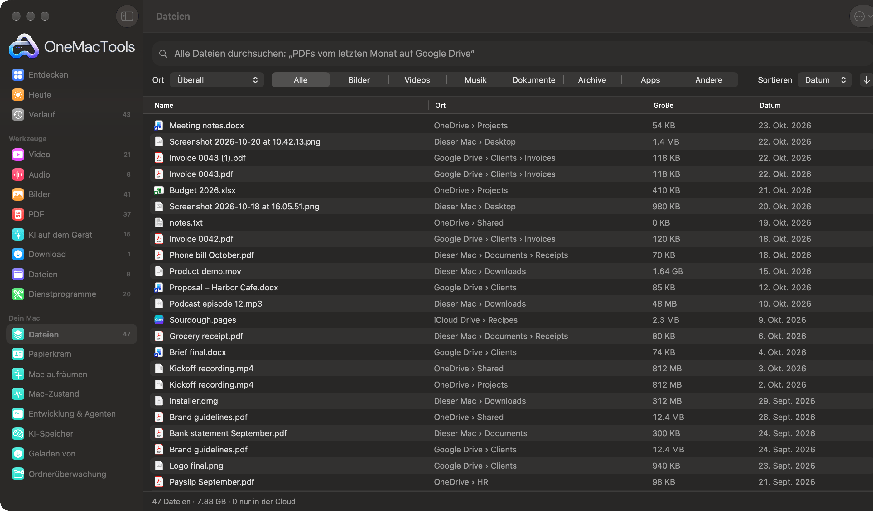 OneMacTools „Dateien“ listet jede Datei aus Google Drive, OneDrive, iCloud Drive und vom Mac in einer Liste, mit ihrem jeweiligen Speicherort