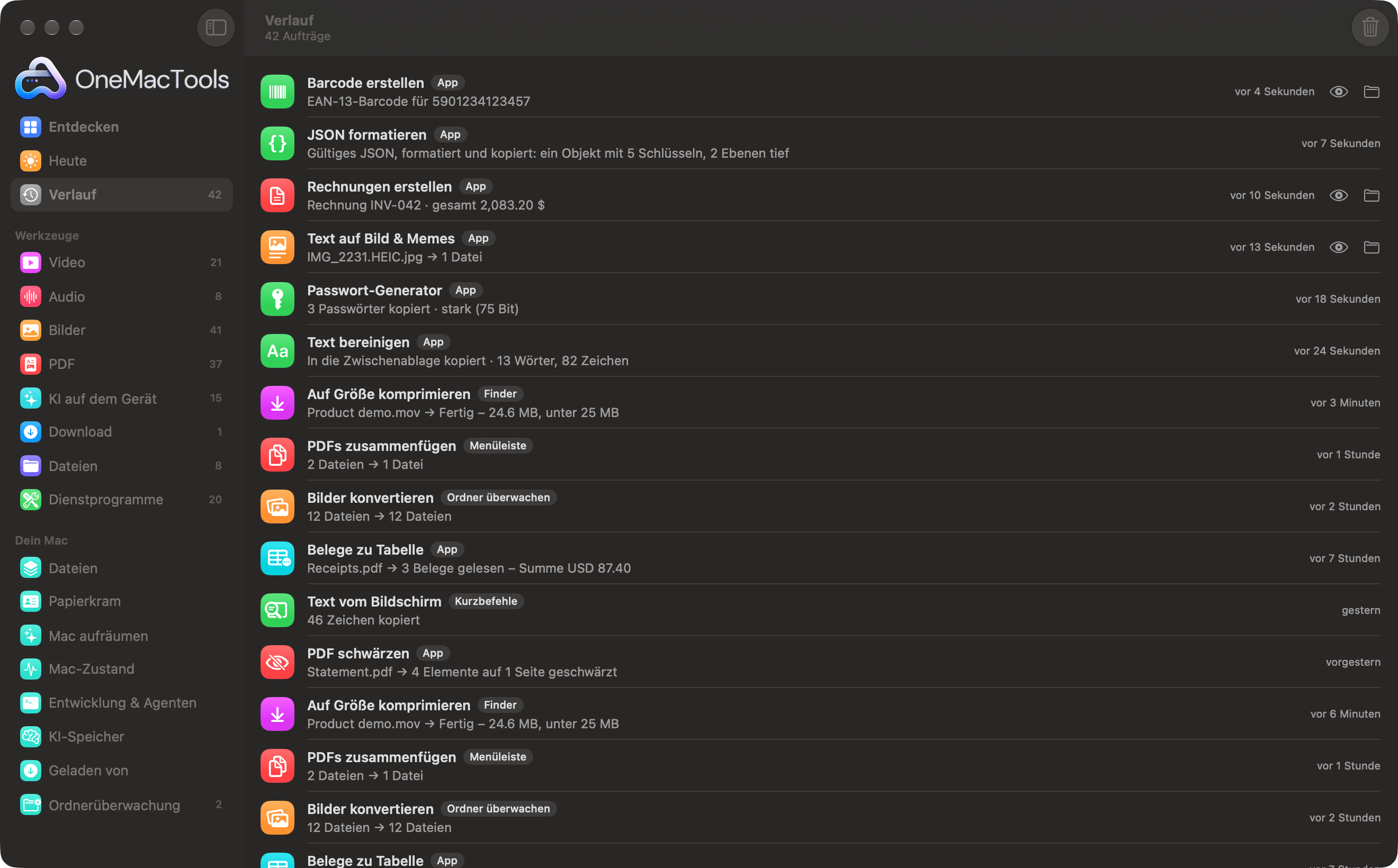 OneMacTools-Verlauf mit Aufträgen aus dem Finder, der Menüleiste, der Ordnerüberwachung und Kurzbefehlen