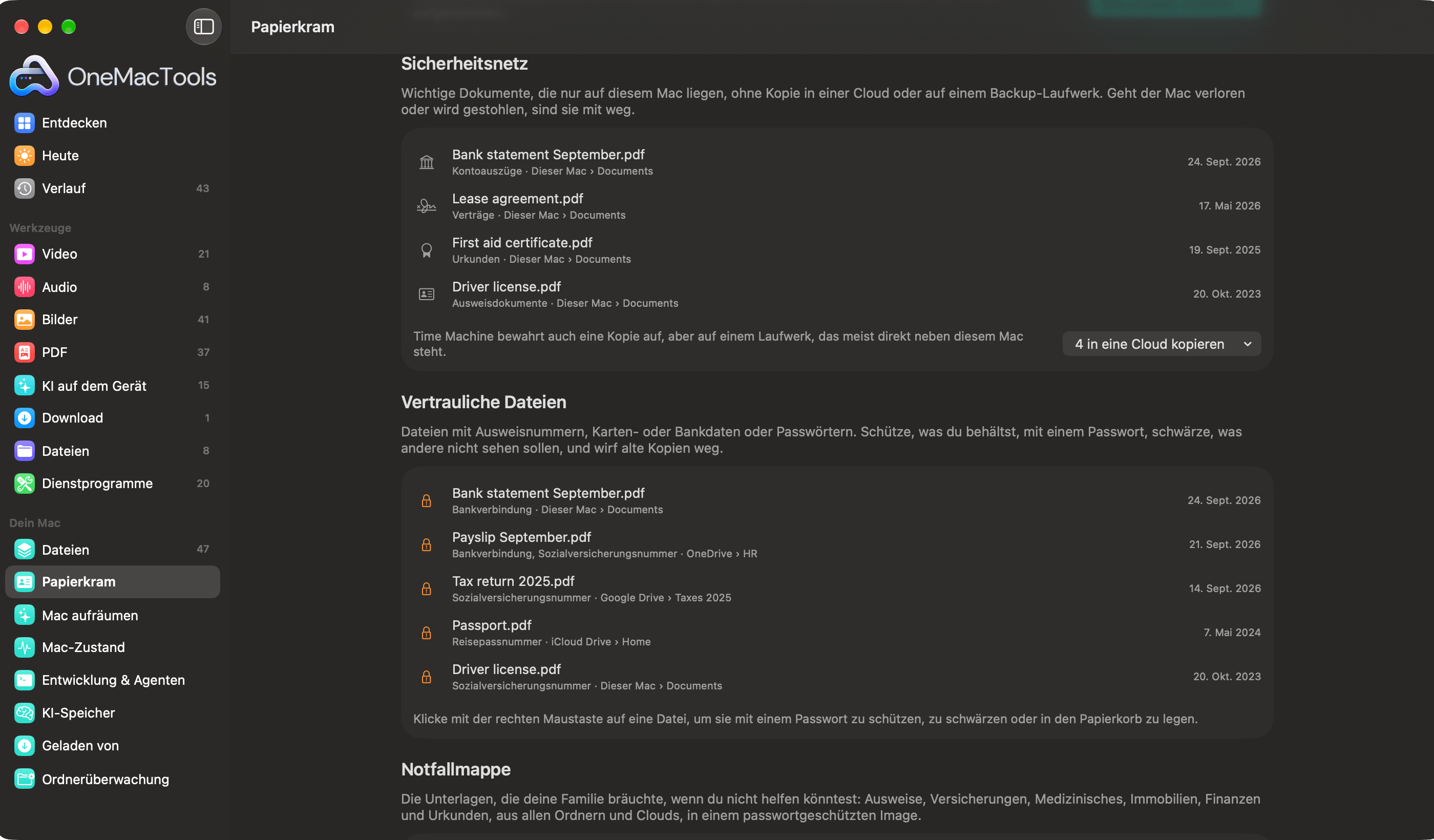 OneMacTools-Sicherheitsnetz in „Papierkram“ listet Unterlagen, die nur auf diesem Mac liegen, und sensible Dateien mit Ausweis- oder Kontonummern