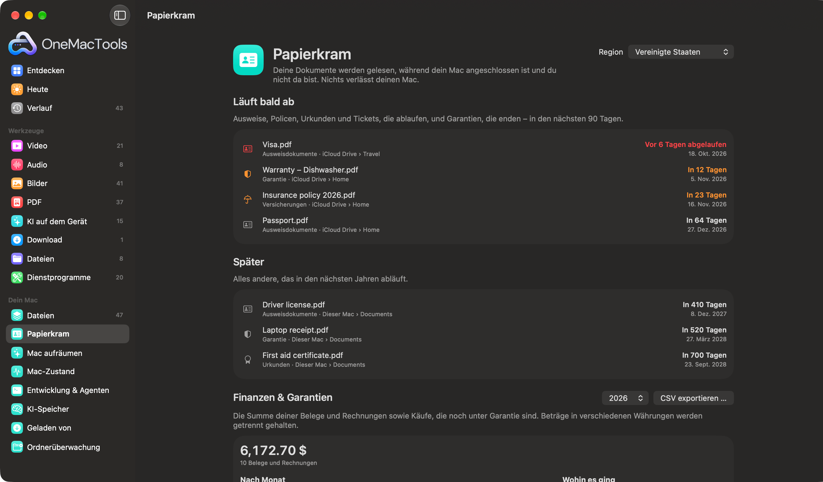 OneMacTools „Papierkram“ listet ein abgelaufenes Visum, eine Geschirrspüler-Garantie, eine Versicherungspolice und einen Reisepass, die bald ablaufen