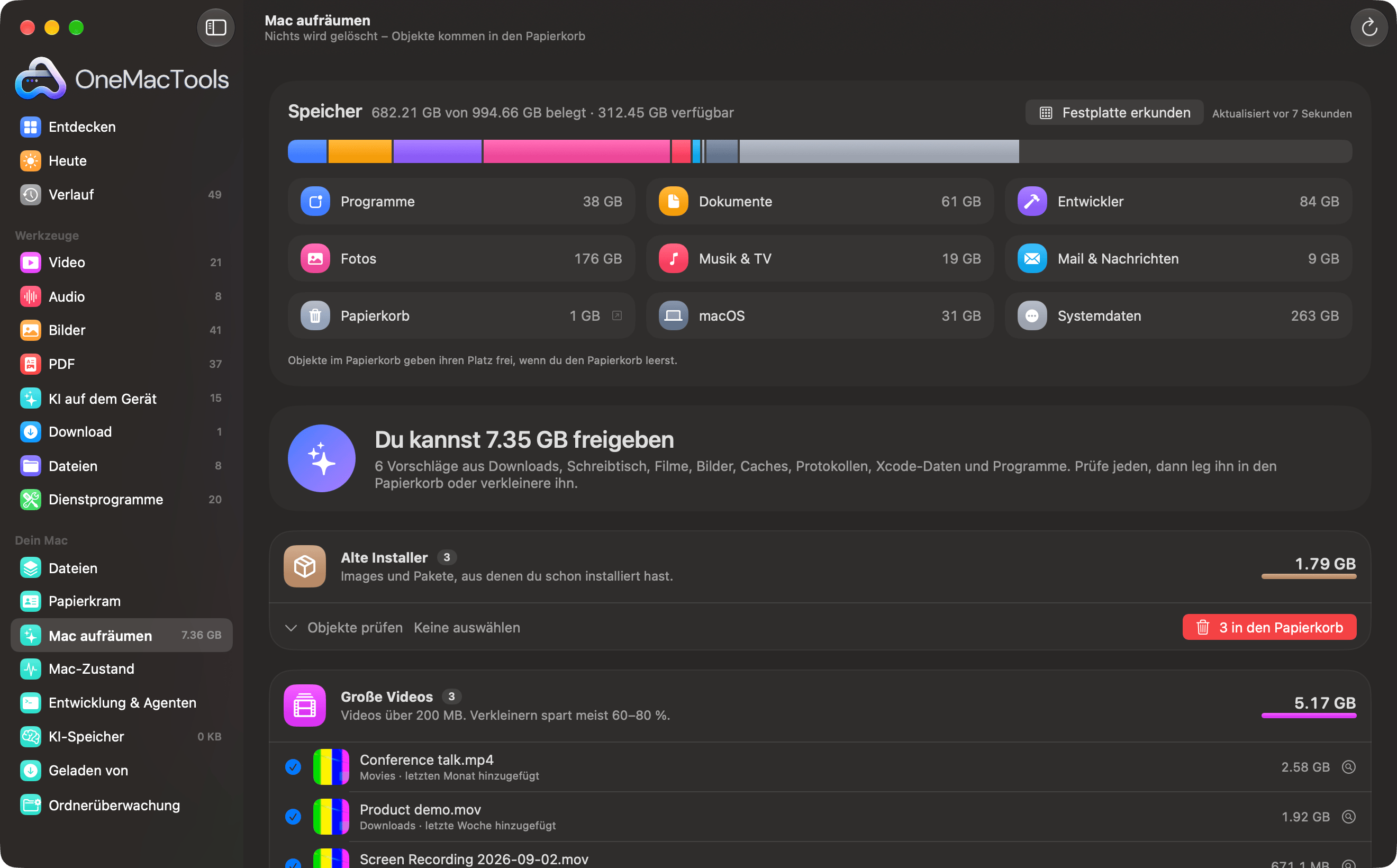 OneMacTools „Mac aufräumen“ listet alte Installer, große Videos, alte Bildschirmfotos und Duplikate, mit „Stattdessen verkleinern“ und „In den Papierkorb legen“
