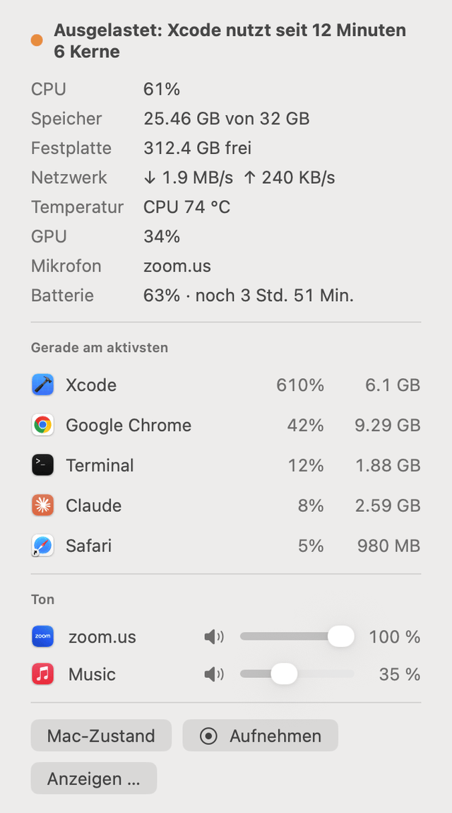 Menü von „Mac-Zustand“ in der Menüleiste mit CPU, Arbeitsspeicher, Festplatte, Netzwerk, Temperatur, GPU, Mikrofon und Batterie, den fünf aktivsten Apps, „Aufnehmen“ und einem Lautstärkeregler für jede App, die Ton abspielt