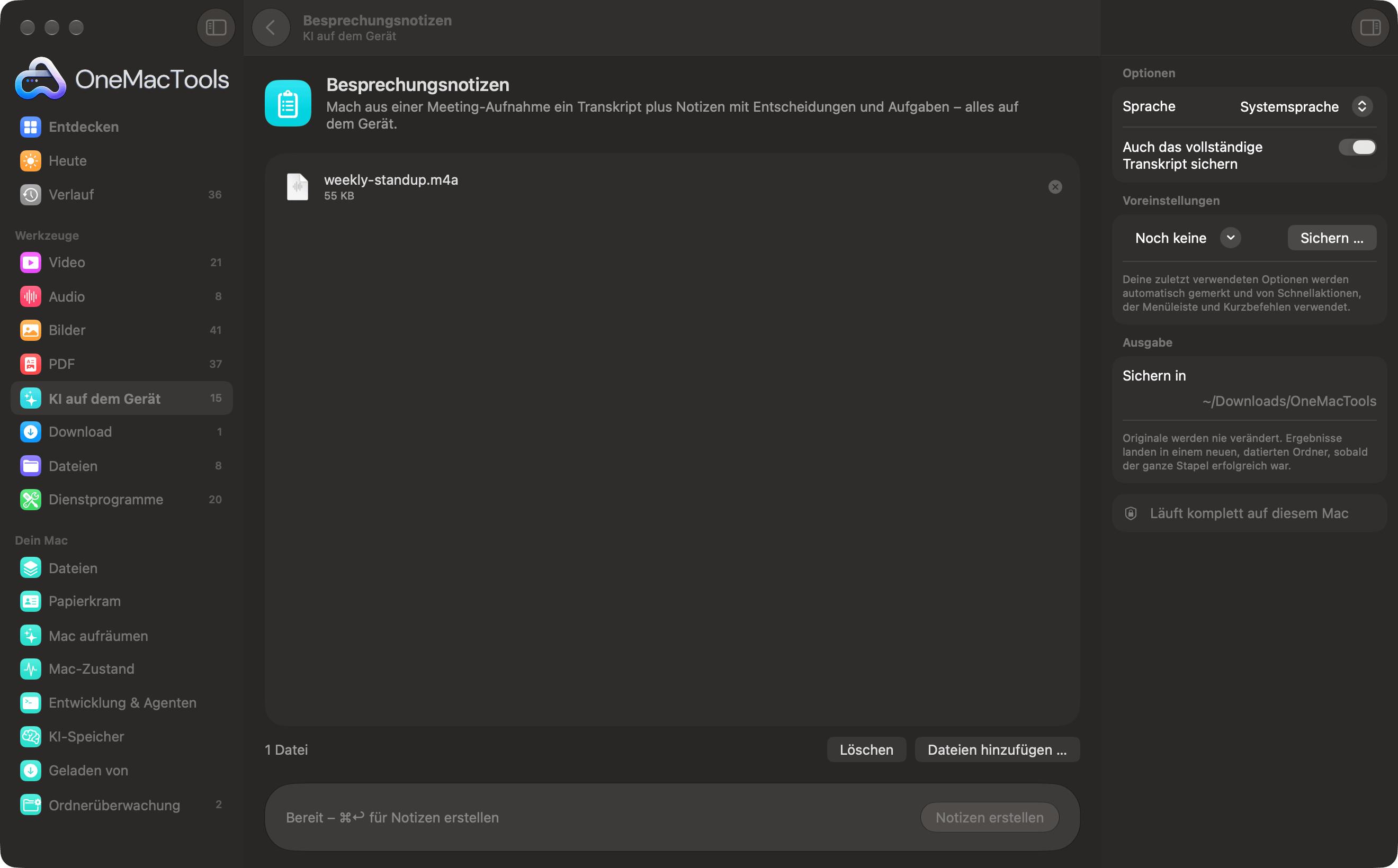OneMacTools „Besprechungsnotizen“ mit geladener Aufnahme