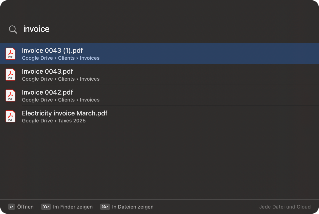 OneMacTools-Schnellsuche findet vier Rechnungen in verschiedenen Clouds