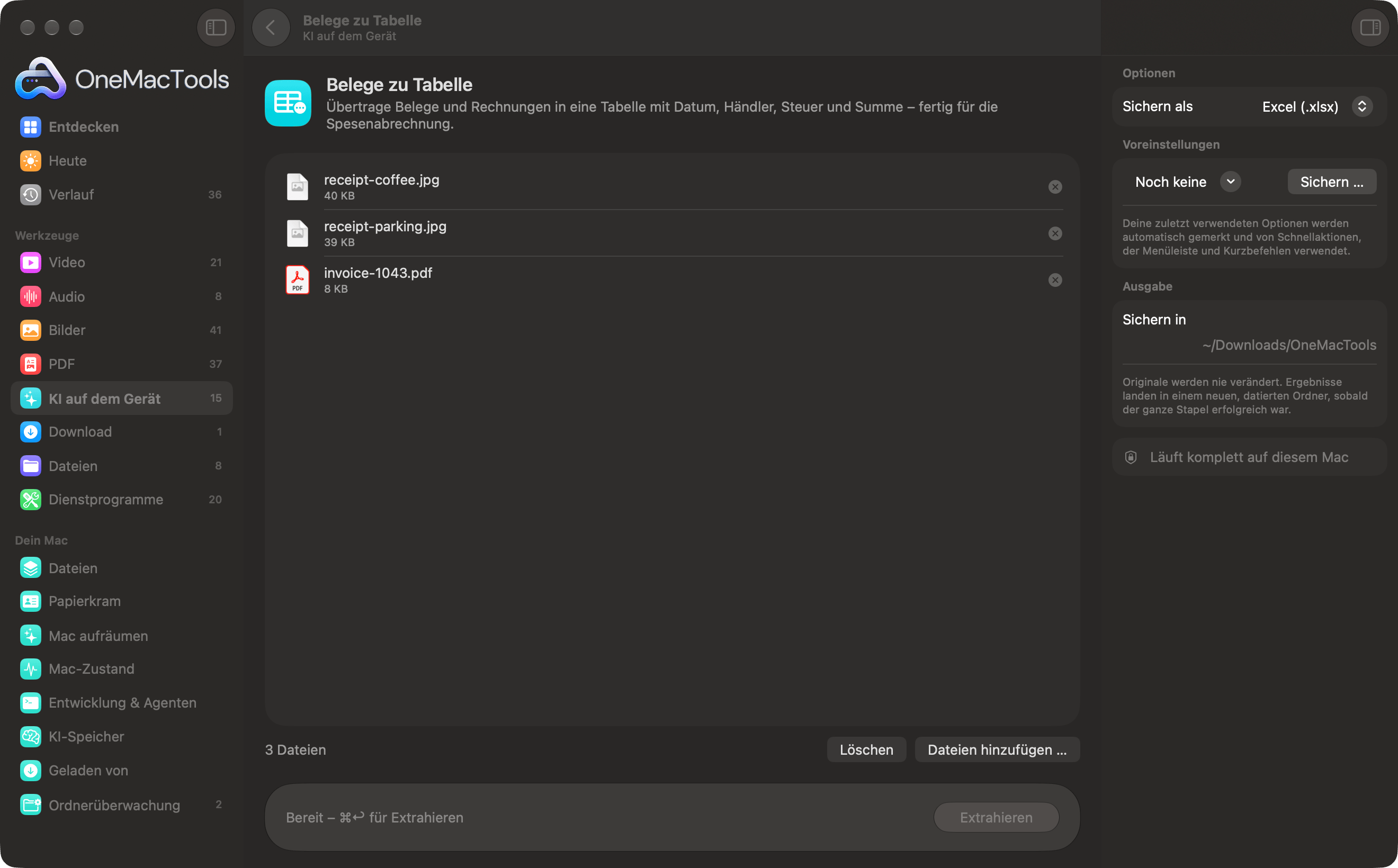 OneMacTools „Belege zu Tabelle“ mit Belegfotos und einer Rechnung