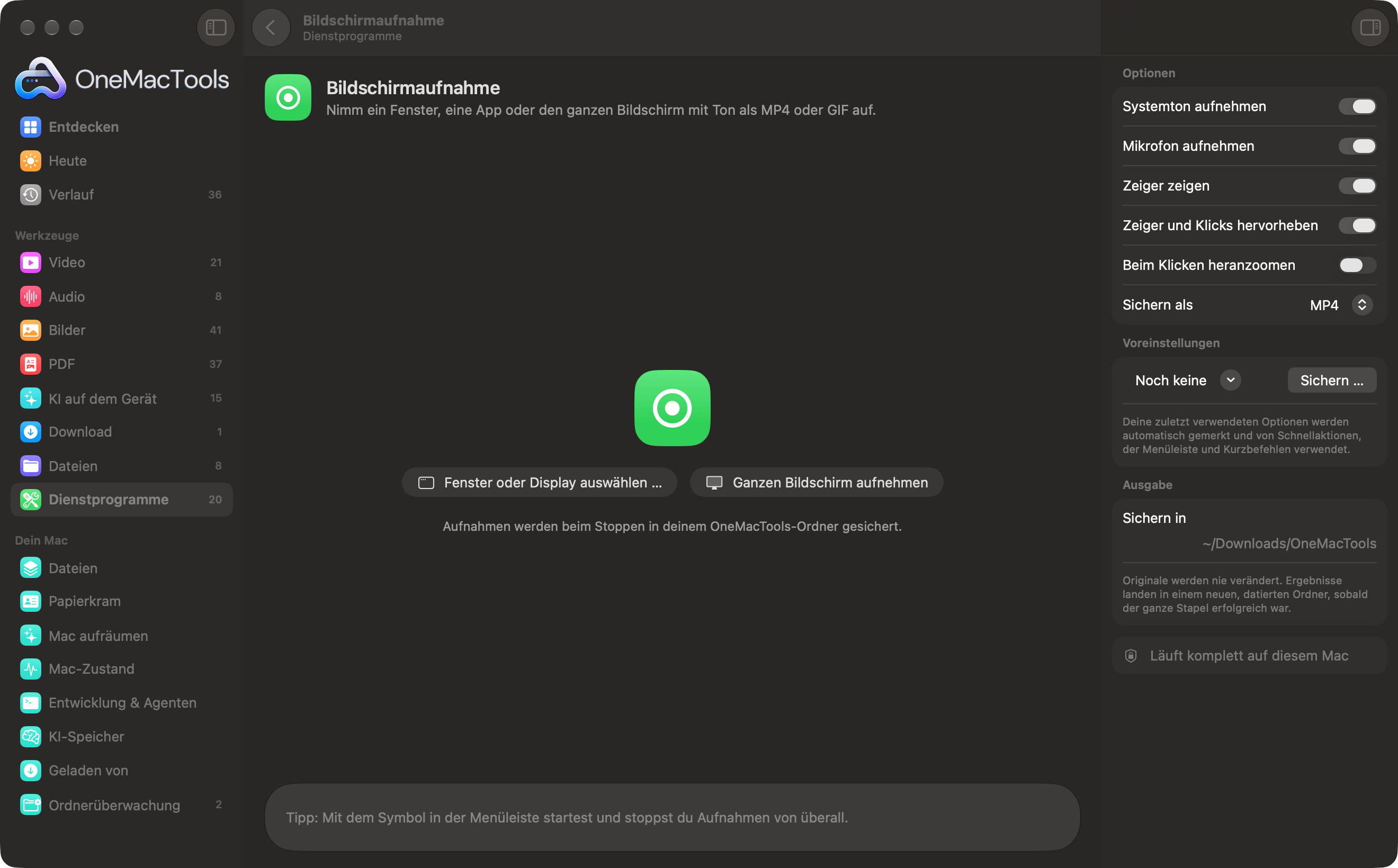 OneMacTools „Bildschirmaufnahme“ bereit, ein Fenster oder den ganzen Bildschirm aufzunehmen