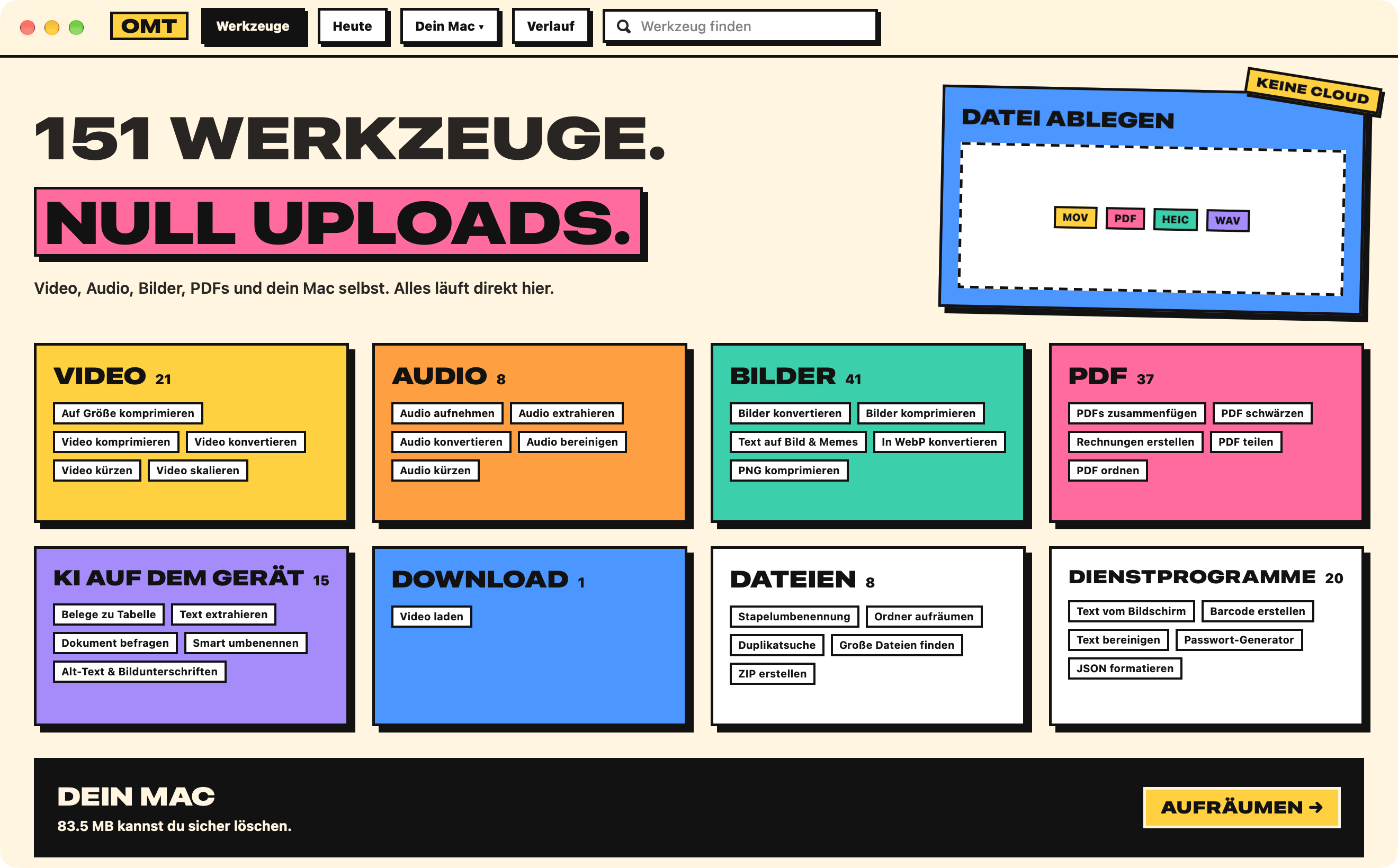 OneMacTools im Neo-Brutal-Look: 151 TOOLS. ZERO UPLOADS. über Farbblöcken für jede Kategorie