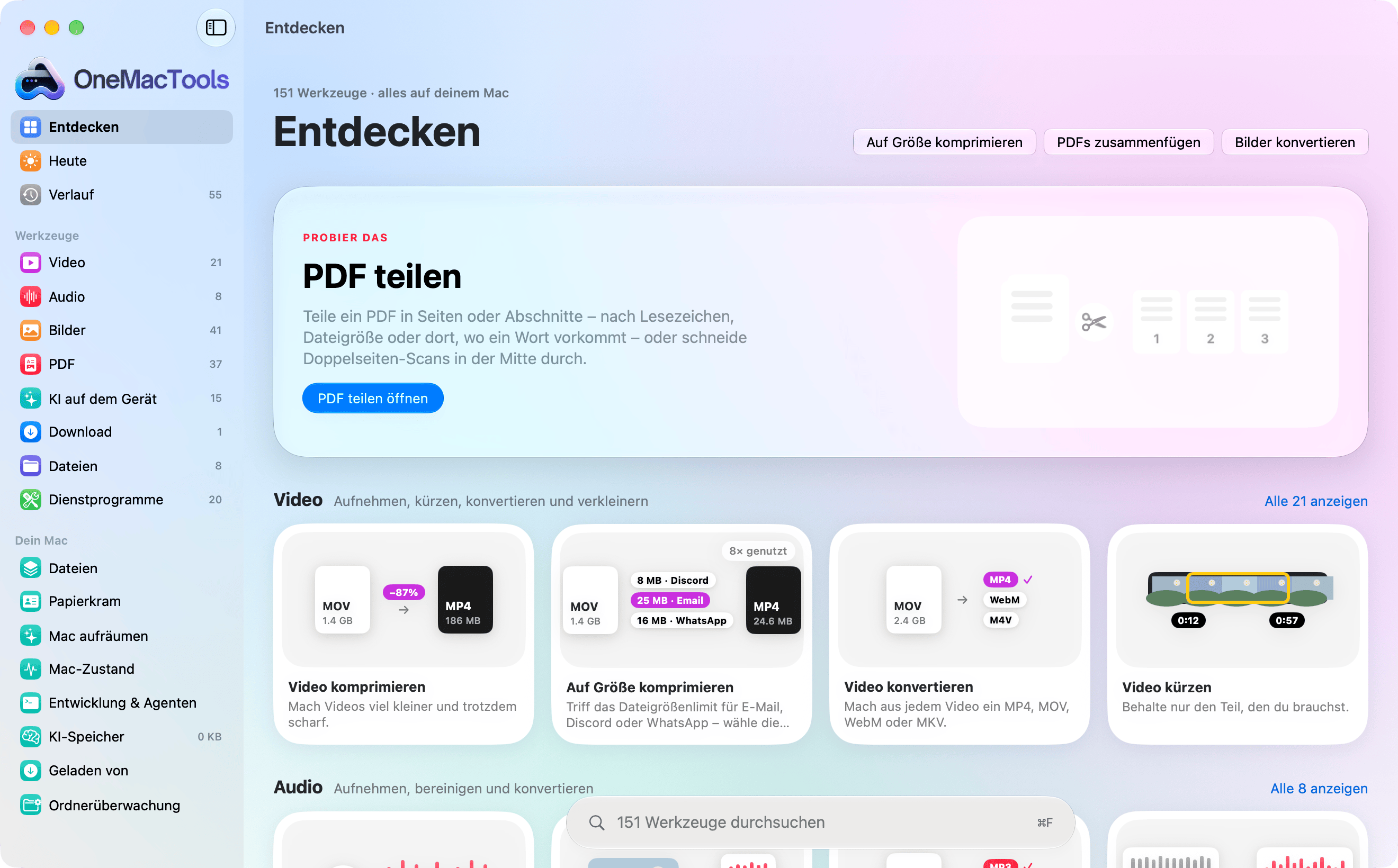 OneMacTools in Liquid Glass: eine Seitenleiste mit Kategorien, ein vorgestelltes Werkzeug und die ersten Werkzeuge jeder Kategorie als illustrierte Karten