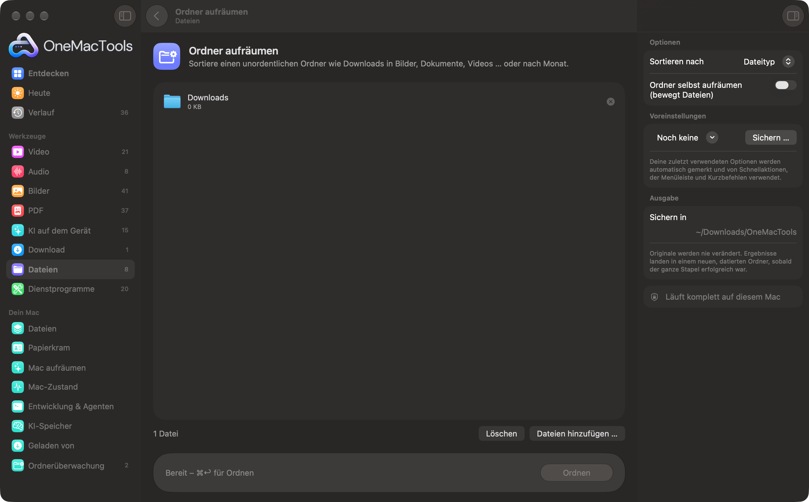 OneMacTools „Ordner aufräumen“ mit einem Downloads-Ordner