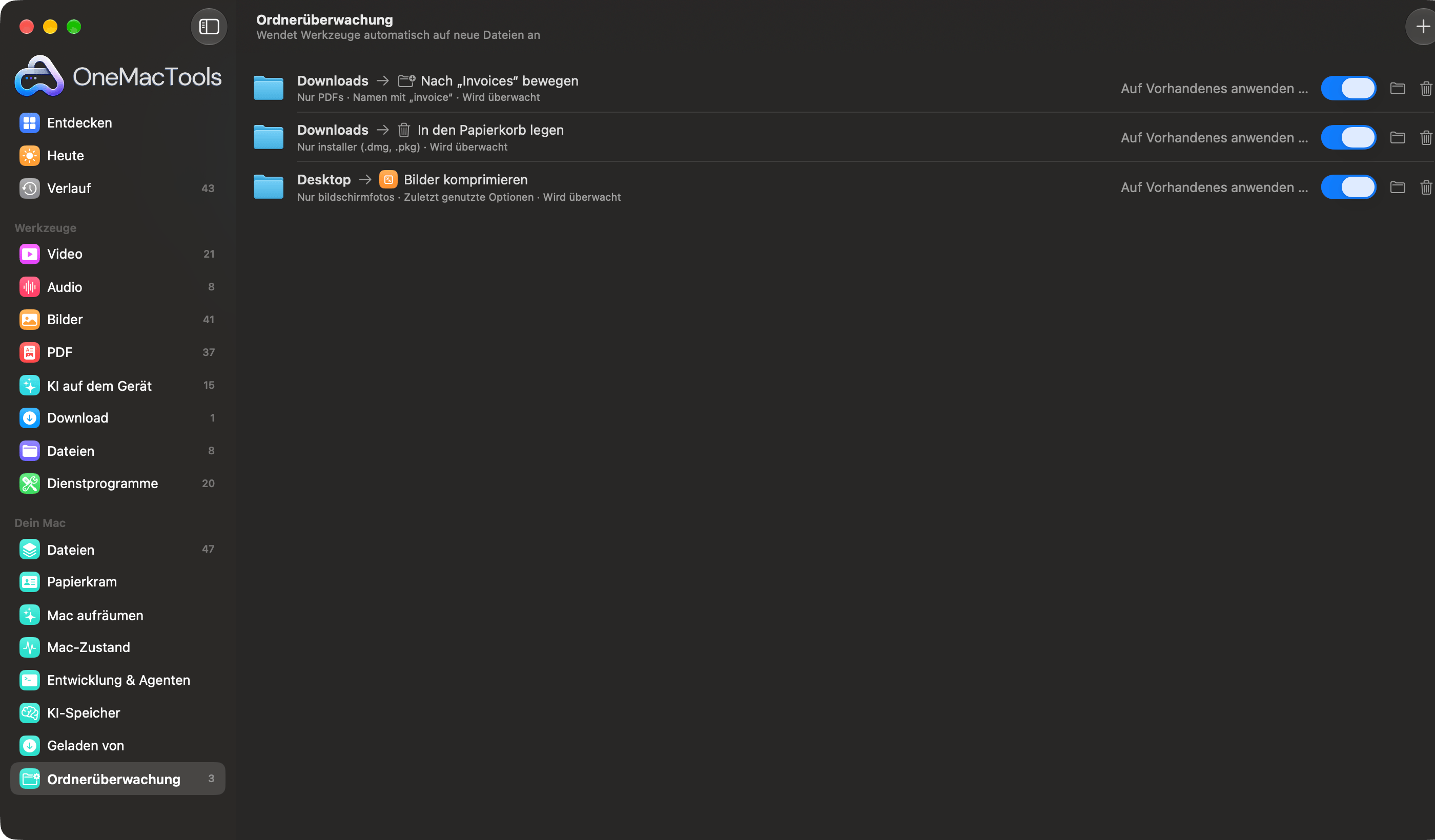 OneMacTools-Ordnerüberwachung mit drei Regeln: Rechnungen in einen Ordner verschieben, alte Installer in den Papierkorb, Bildschirmfotos komprimieren