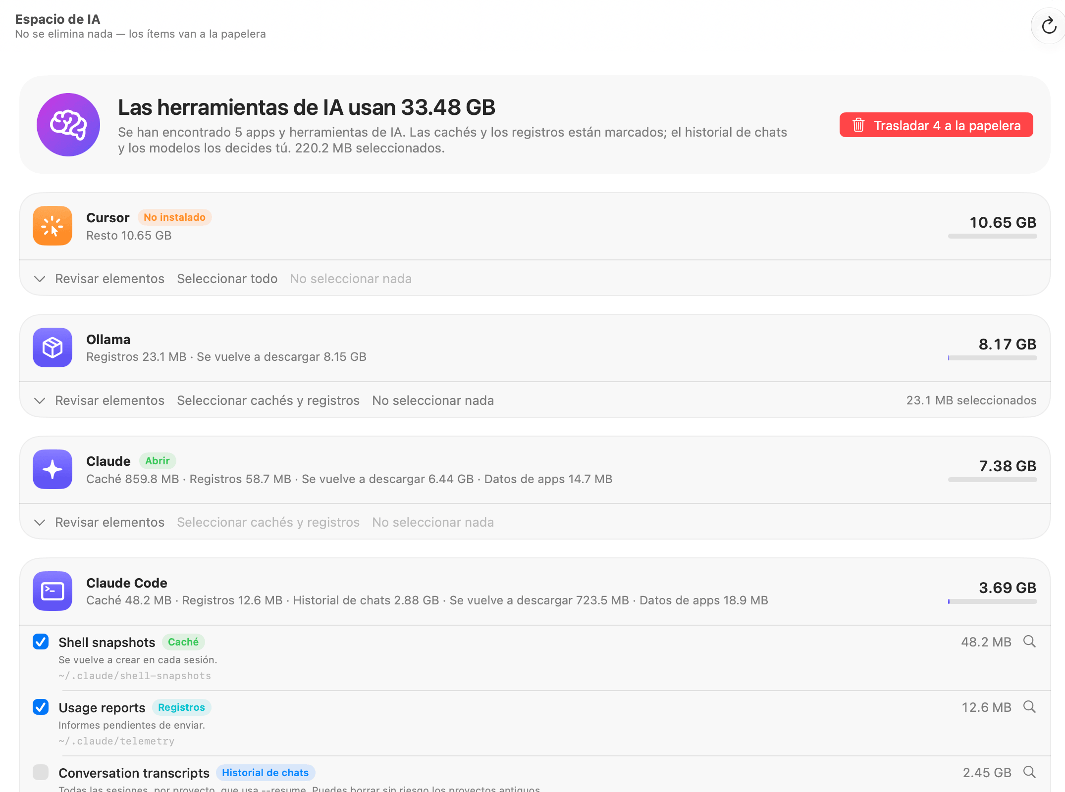 Espacio de IA de OneMacTools con Cursor (no instalado), Ollama, Claude y Claude Code con sus cachés, registros, historial de chat y modelos, con las cachés y los registros marcados