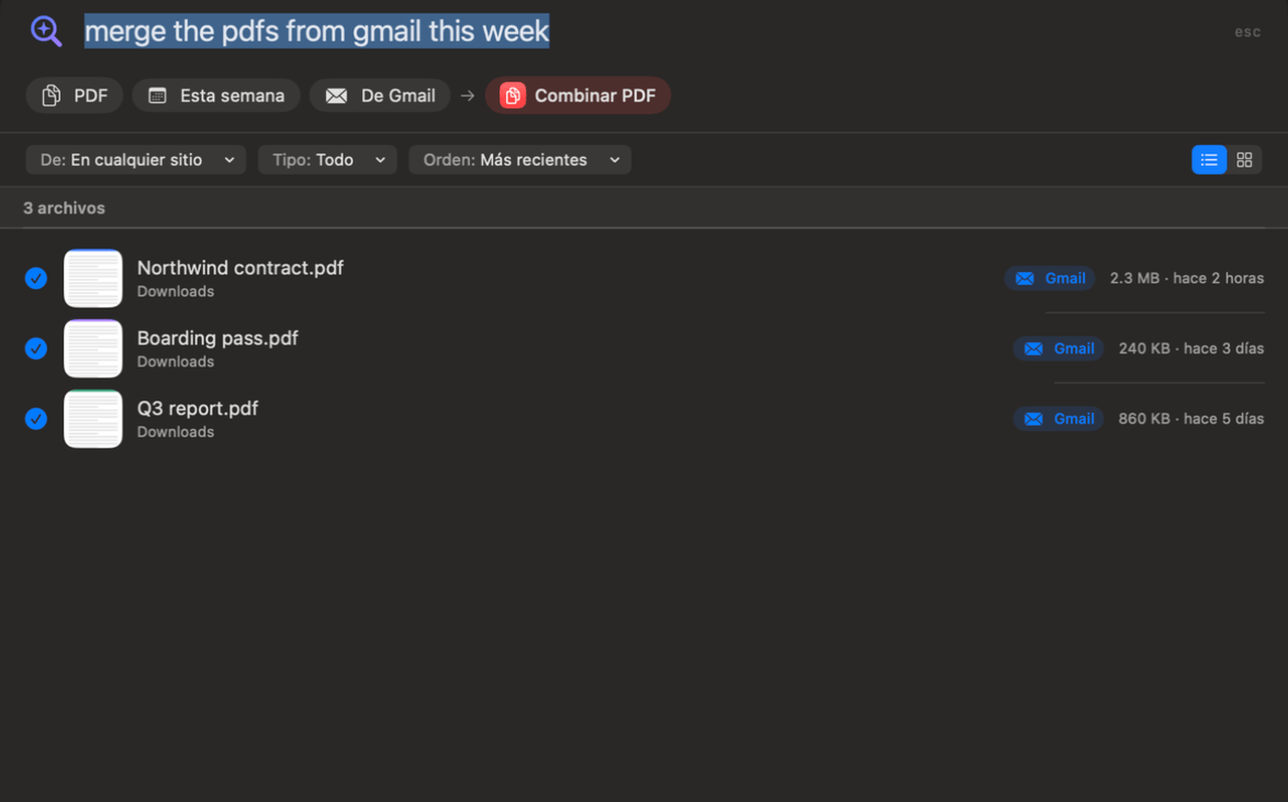 Panel Preguntar de OneMacTools convirtiendo “combinar los pdf de gmail de esta semana” en las etiquetas PDF, Esta semana y De Gmail, con Combinar PDF listo para ejecutarse en tres archivos