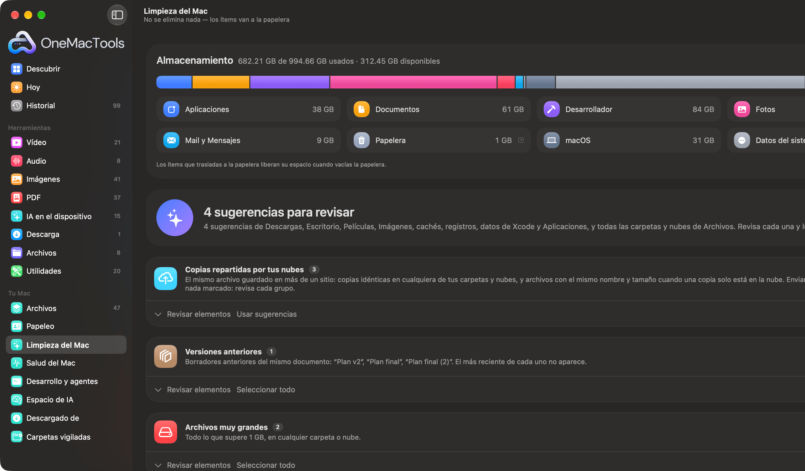 Limpieza del Mac de OneMacTools con copias repartidas por las nubes, versiones anteriores y archivos muy grandes