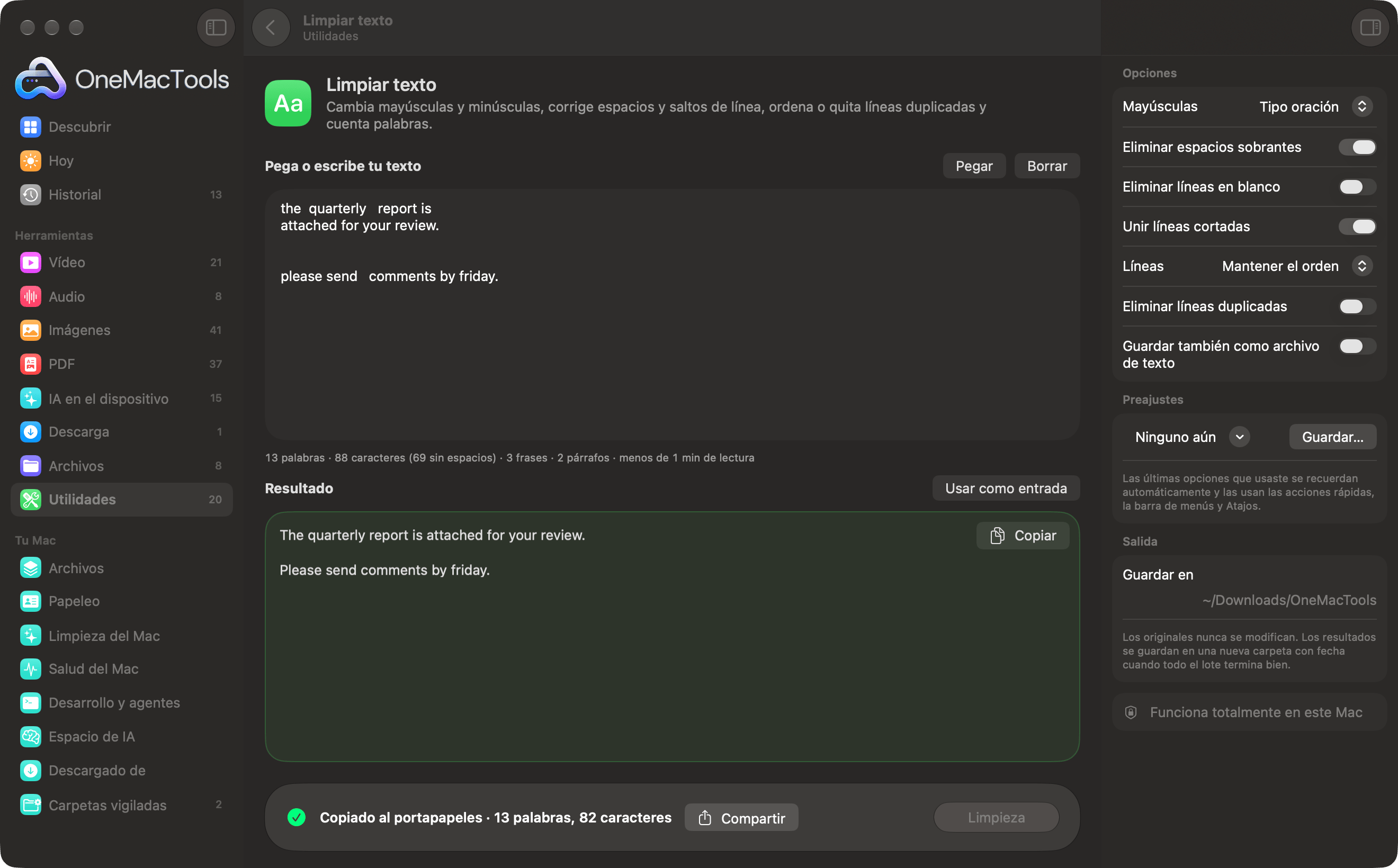 Limpiar texto de OneMacTools convirtiendo un texto pegado desordenado en frases limpias, con un recuento de palabras en directo