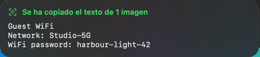 Texto copiado de 1 imagen: Guest WiFi, Network Studio-5G, WiFi password harbour-light-42