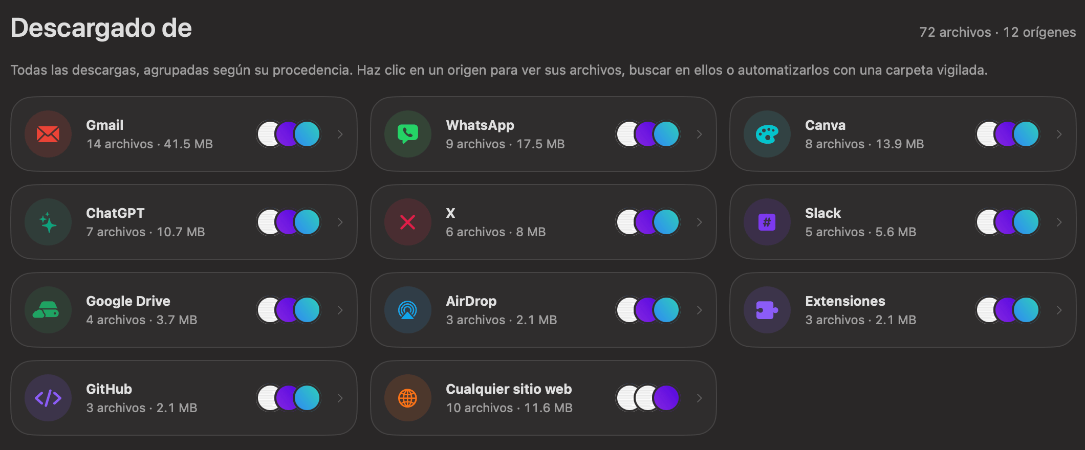 Página Descargado de de OneMacTools con tarjetas para Gmail, WhatsApp, Canva, ChatGPT, X, Slack, Google Drive, AirDrop, Extensiones, GitHub y cualquier sitio web