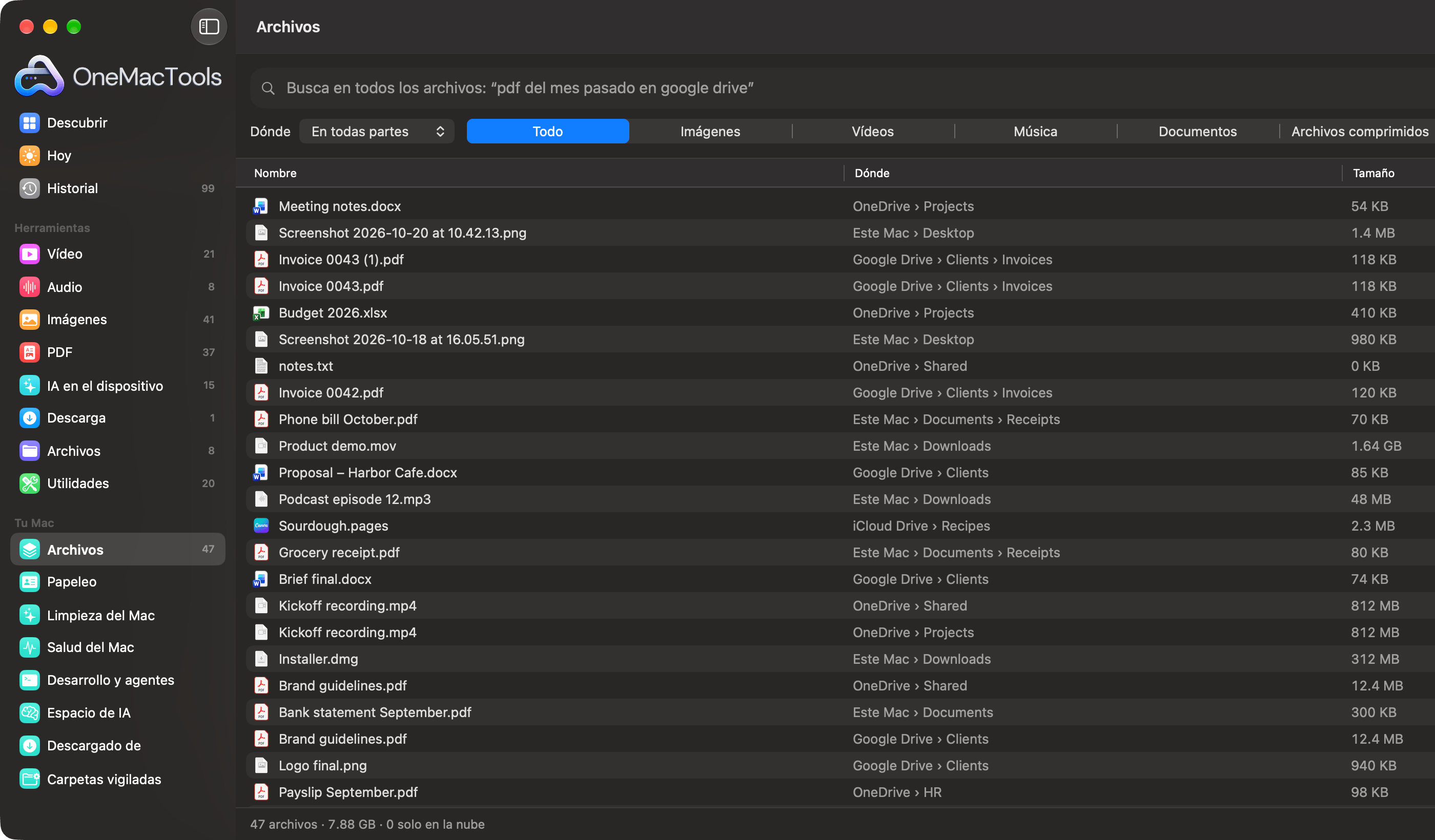Archivos de OneMacTools mostrando todos los archivos de Google Drive, OneDrive, iCloud Drive y el Mac en una sola lista, con dónde está cada uno