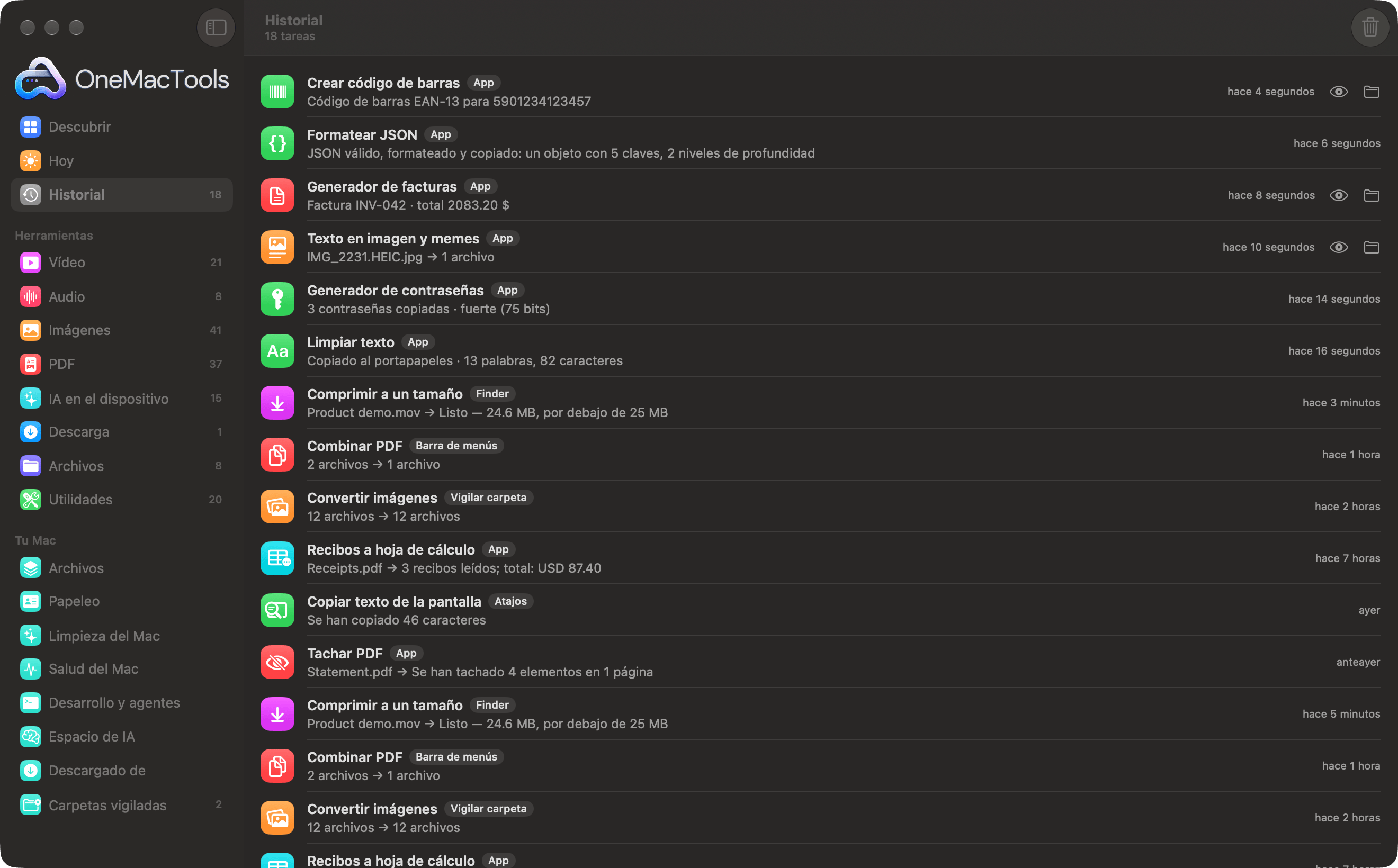 Historial de OneMacTools con trabajos del Finder, la barra de menús, Carpetas vigiladas y Atajos