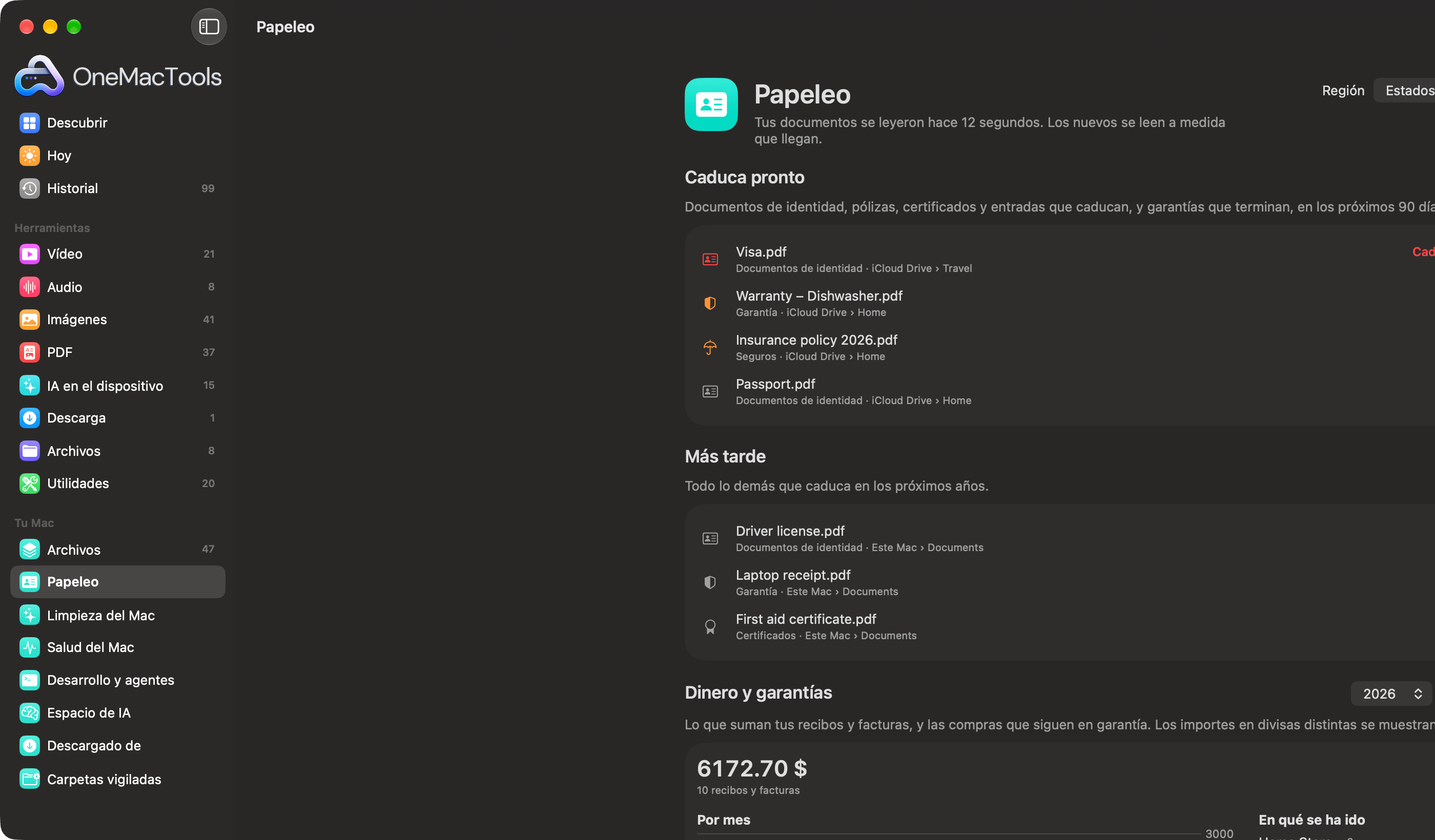 Papeleo de OneMacTools con un visado caducado, una garantía de lavavajillas, una póliza de seguro y un pasaporte que caducan pronto