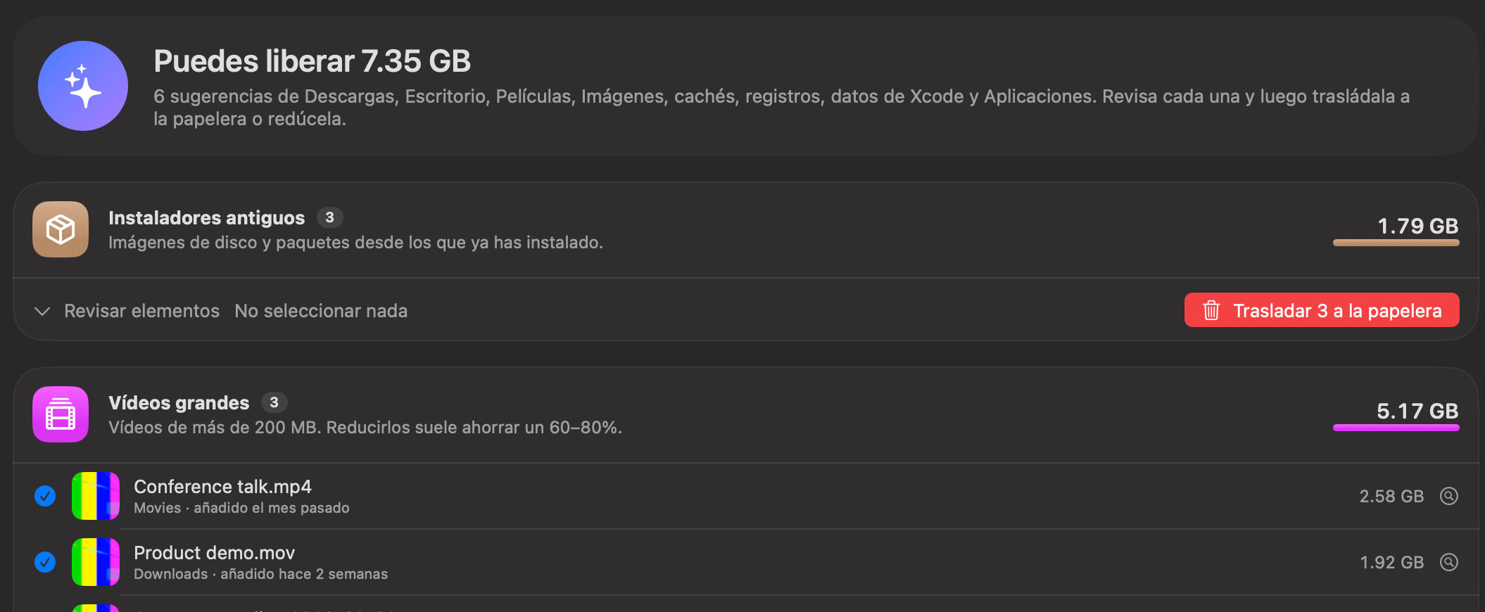 Limpieza del Mac de OneMacTools con instaladores antiguos, vídeos grandes, capturas de pantalla viejas y duplicados, con Reducir en su lugar y Trasladar a la papelera