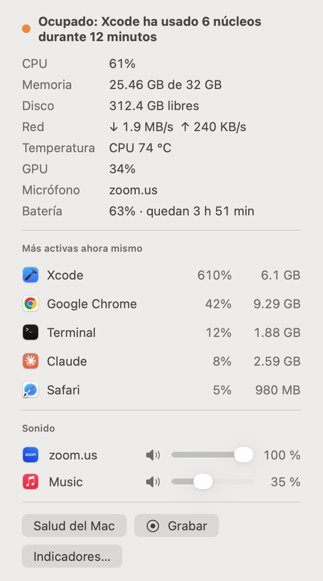 Menú desplegable de Salud del Mac en la barra de menús con CPU, memoria, disco, red, temperatura, GPU, micrófono y batería, las cinco apps más activas, Grabar y un control de volumen para cada app que reproduce sonido