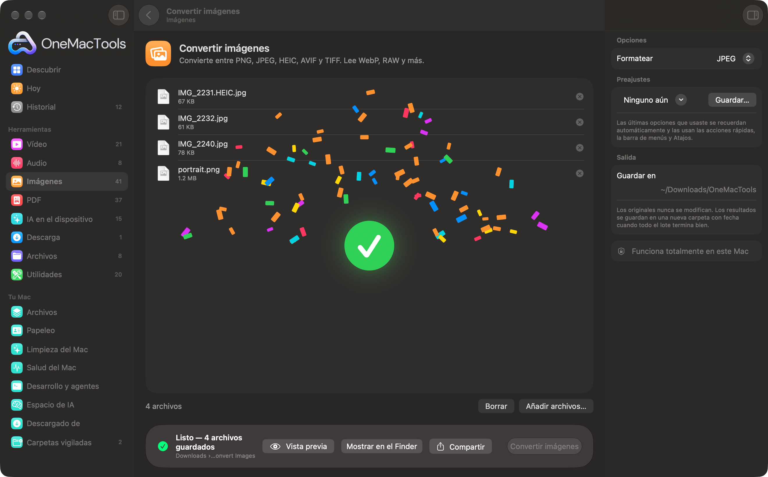 OneMacTools celebrando un lote terminado de conversiones de imágenes con confeti y una marca de verificación