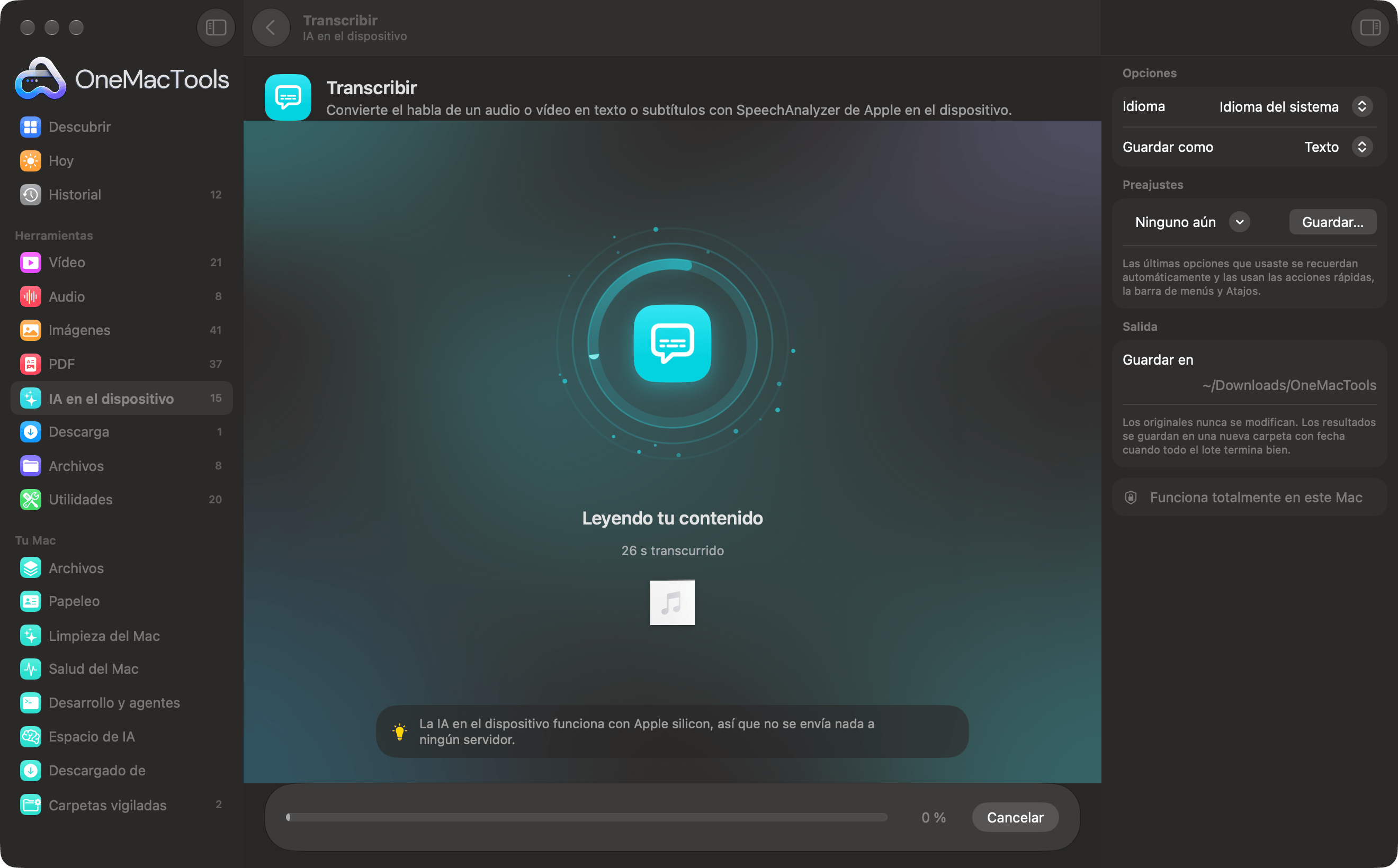 OneMacTools transcribiendo una grabación con IA en el dispositivo