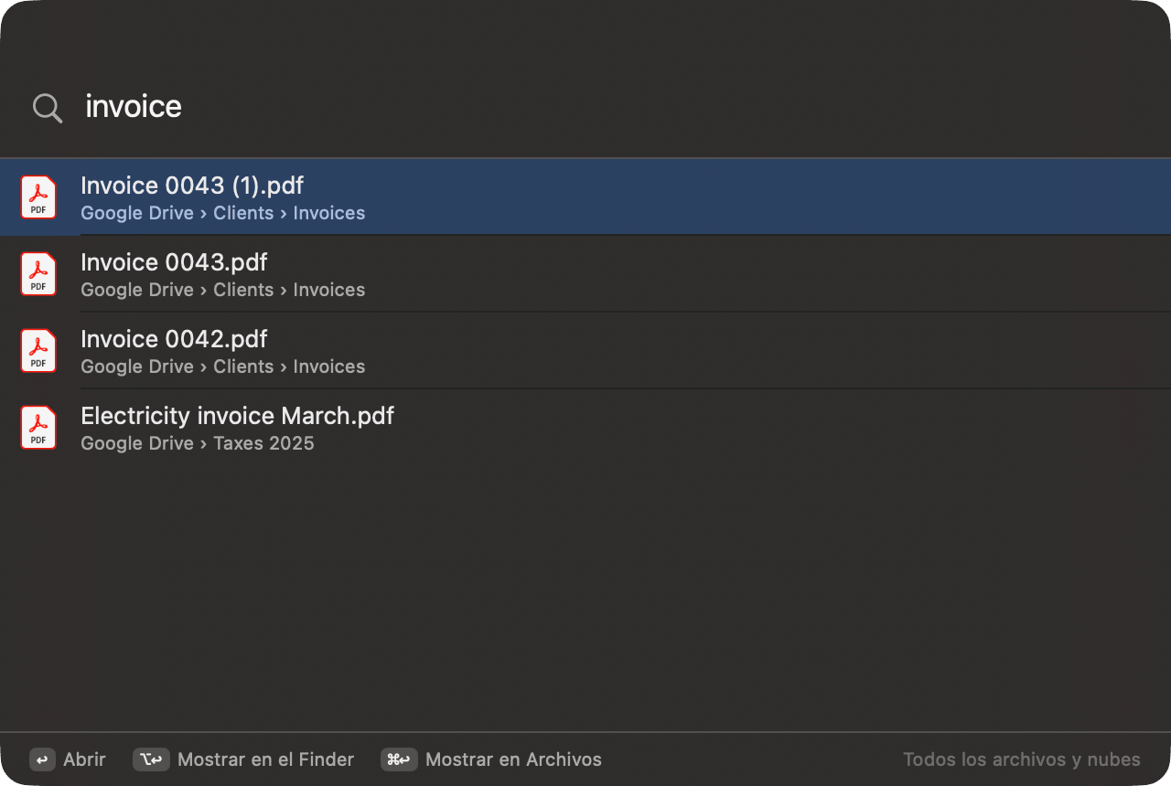 Panel de Búsqueda rápida de OneMacTools encontrando cuatro facturas en distintas nubes