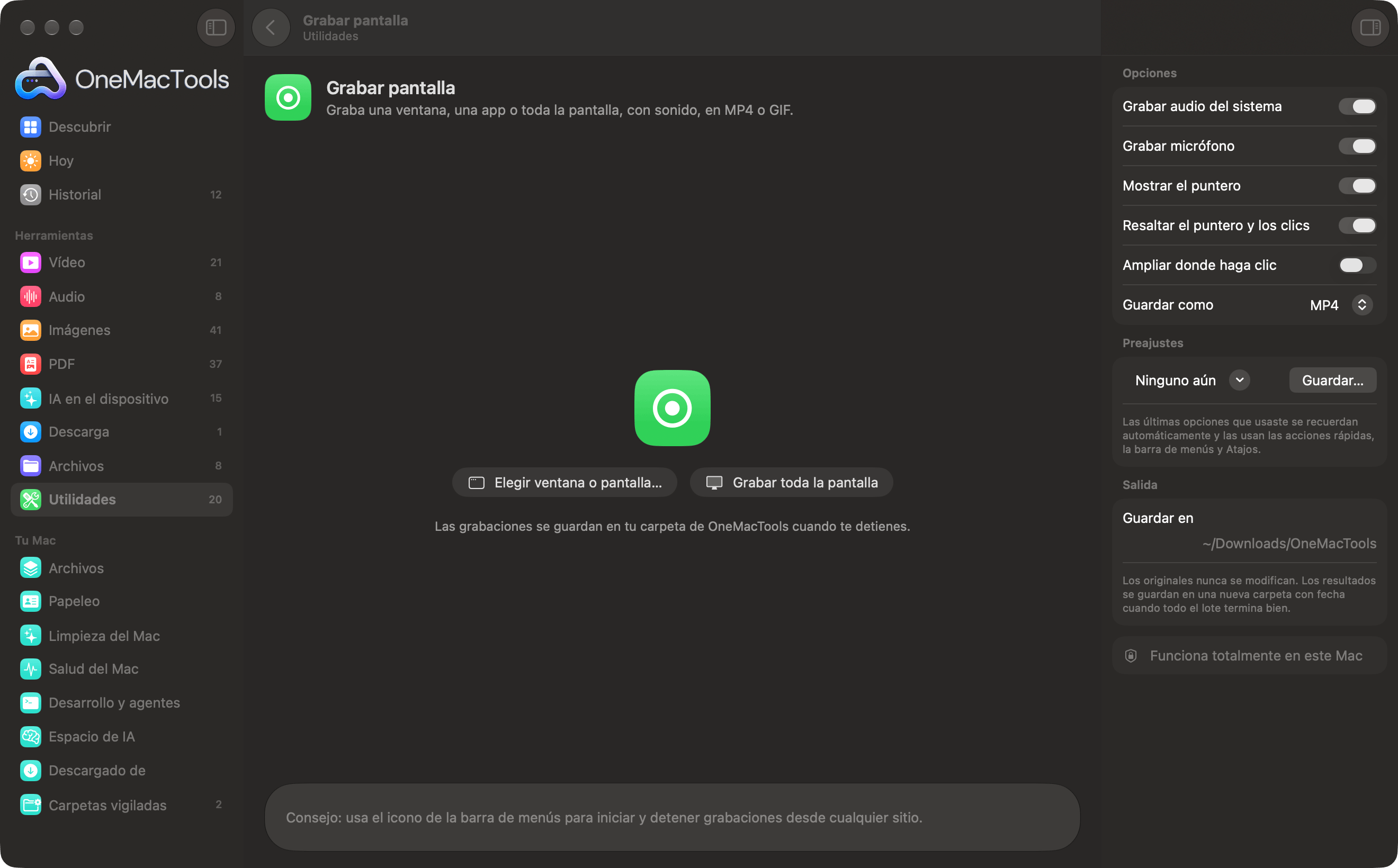 Grabar pantalla de OneMacTools listo para grabar una ventana o toda la pantalla