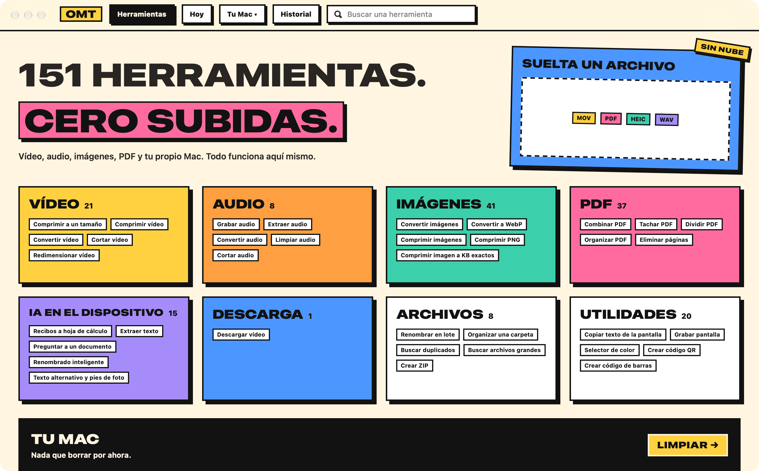 OneMacTools con el estilo Neobrutal: 151 HERRAMIENTAS. CERO SUBIDAS. sobre bloques de color para cada categoría