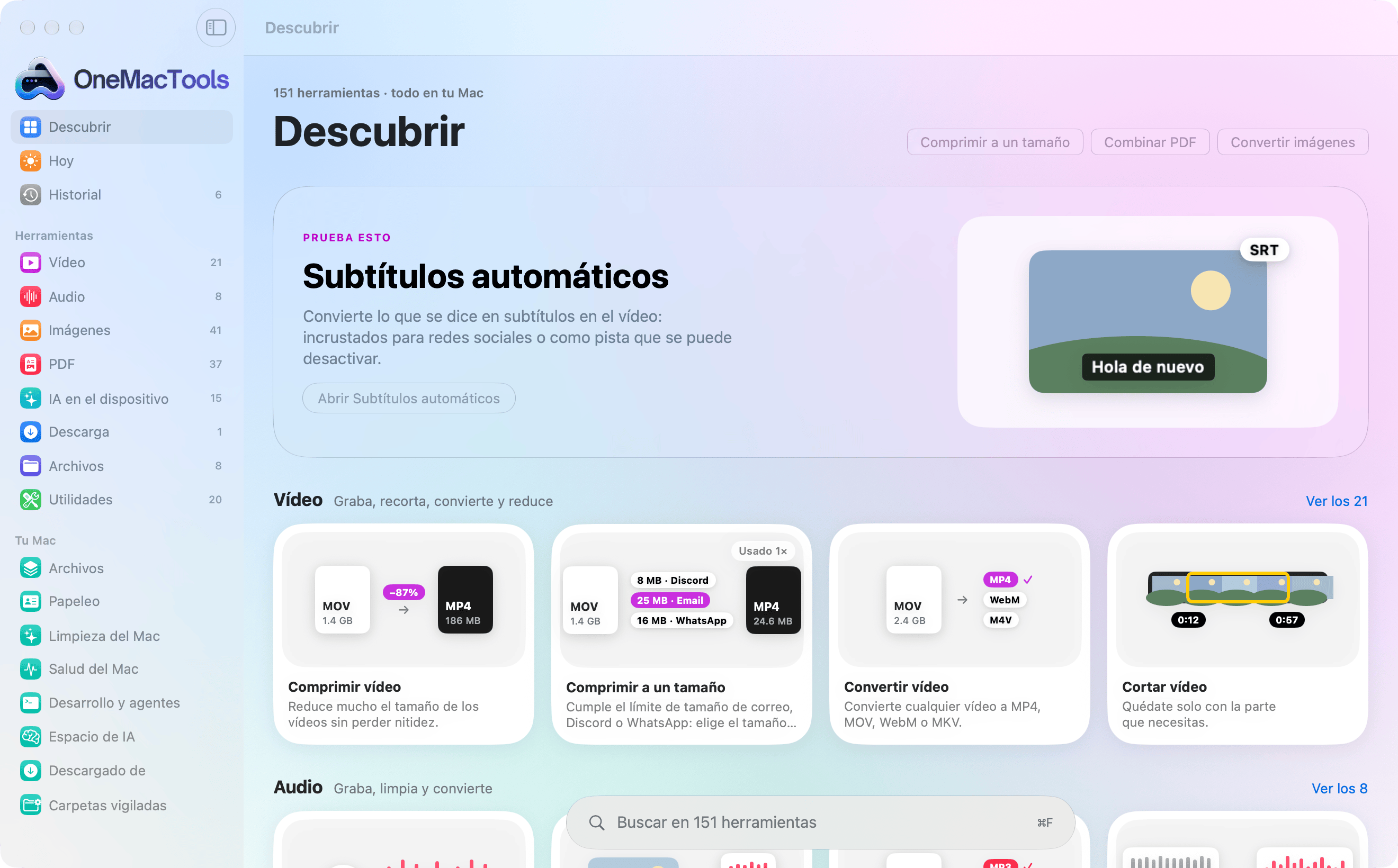 OneMacTools en Liquid Glass: una barra lateral de categorías, una herramienta destacada y las primeras herramientas de cada categoría como tarjetas ilustradas