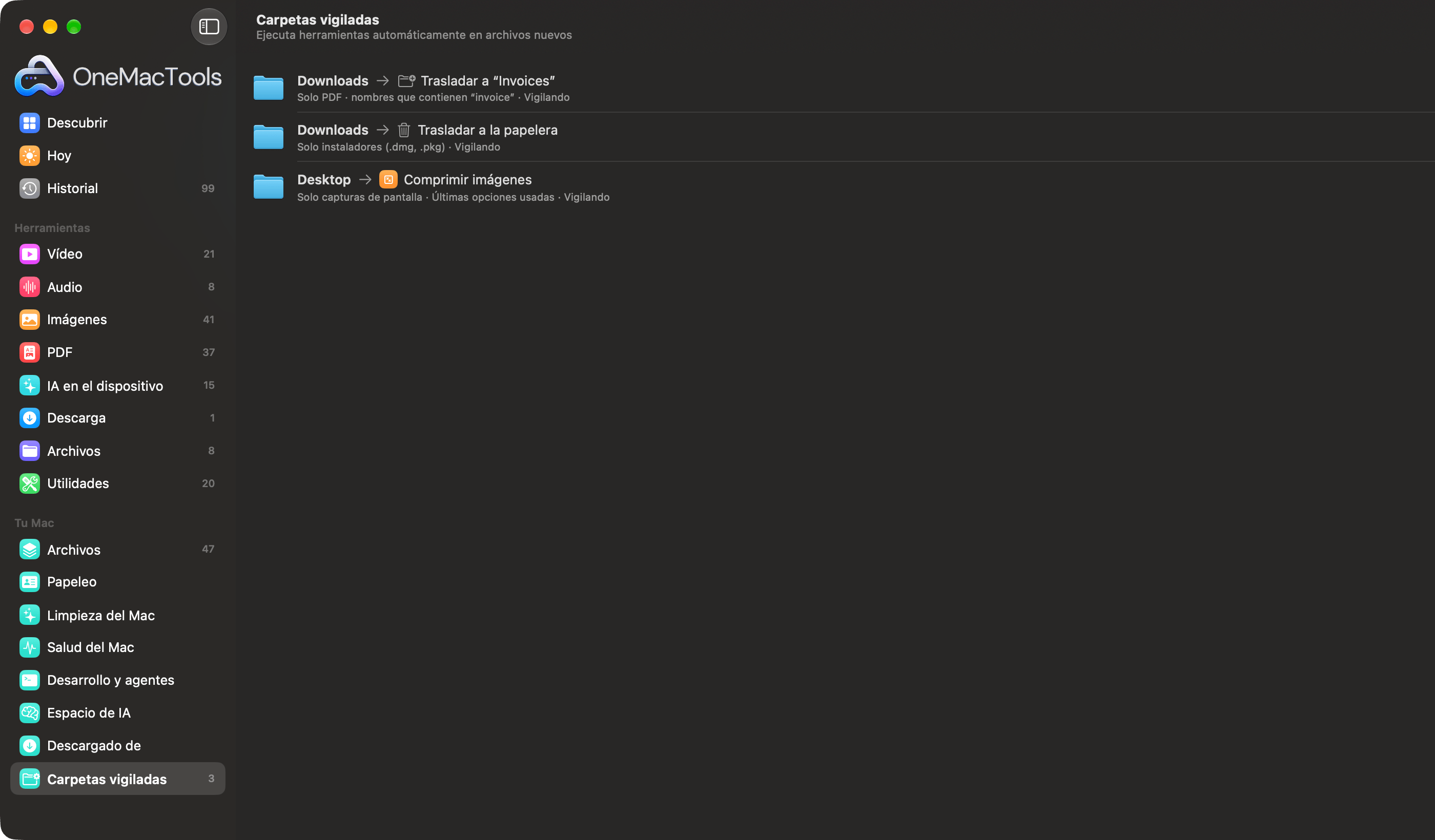 Carpetas vigiladas de OneMacTools con tres reglas: trasladar facturas a una carpeta, enviar a la Papelera instaladores antiguos y comprimir capturas de pantalla