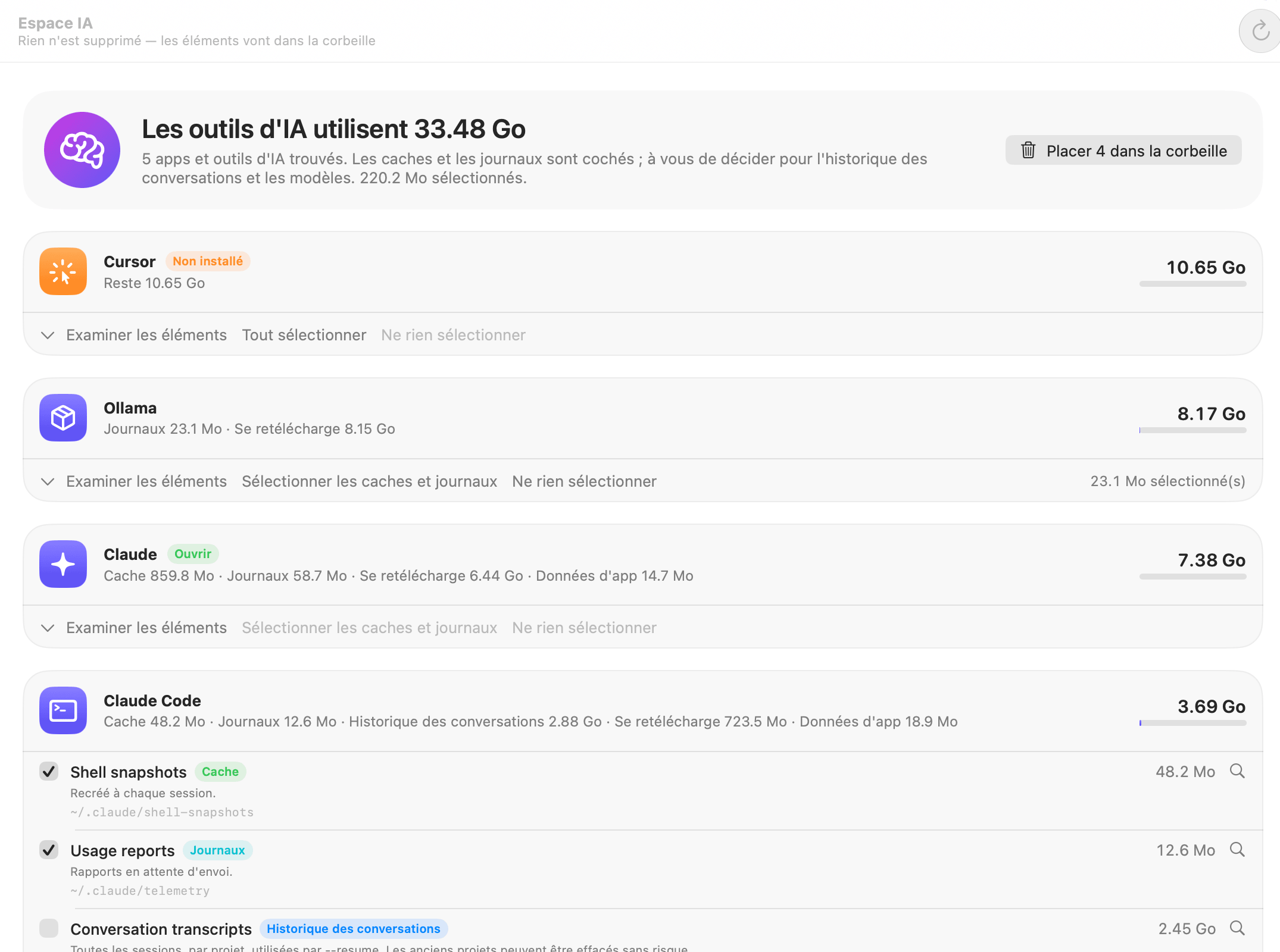 Espace IA de OneMacTools listant Cursor (non installé), Ollama, Claude et Claude Code avec leurs caches, journaux, historiques de discussion et modèles, caches et journaux cochés
