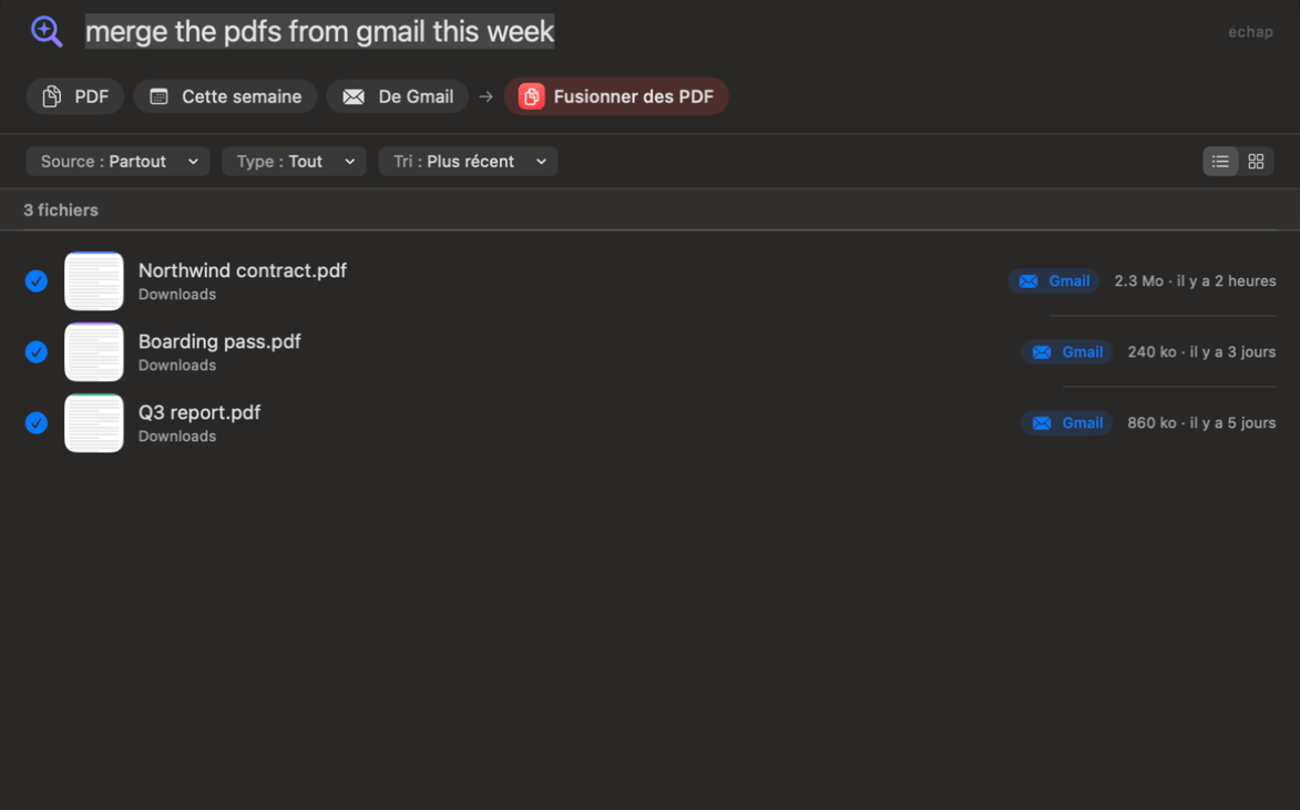 Le panneau Demander de OneMacTools transformant « fusionner les pdf de gmail de cette semaine » en PDF, avec les filtres Cette semaine et Depuis Gmail, et Fusionner des PDF prêt à s’exécuter sur trois fichiers