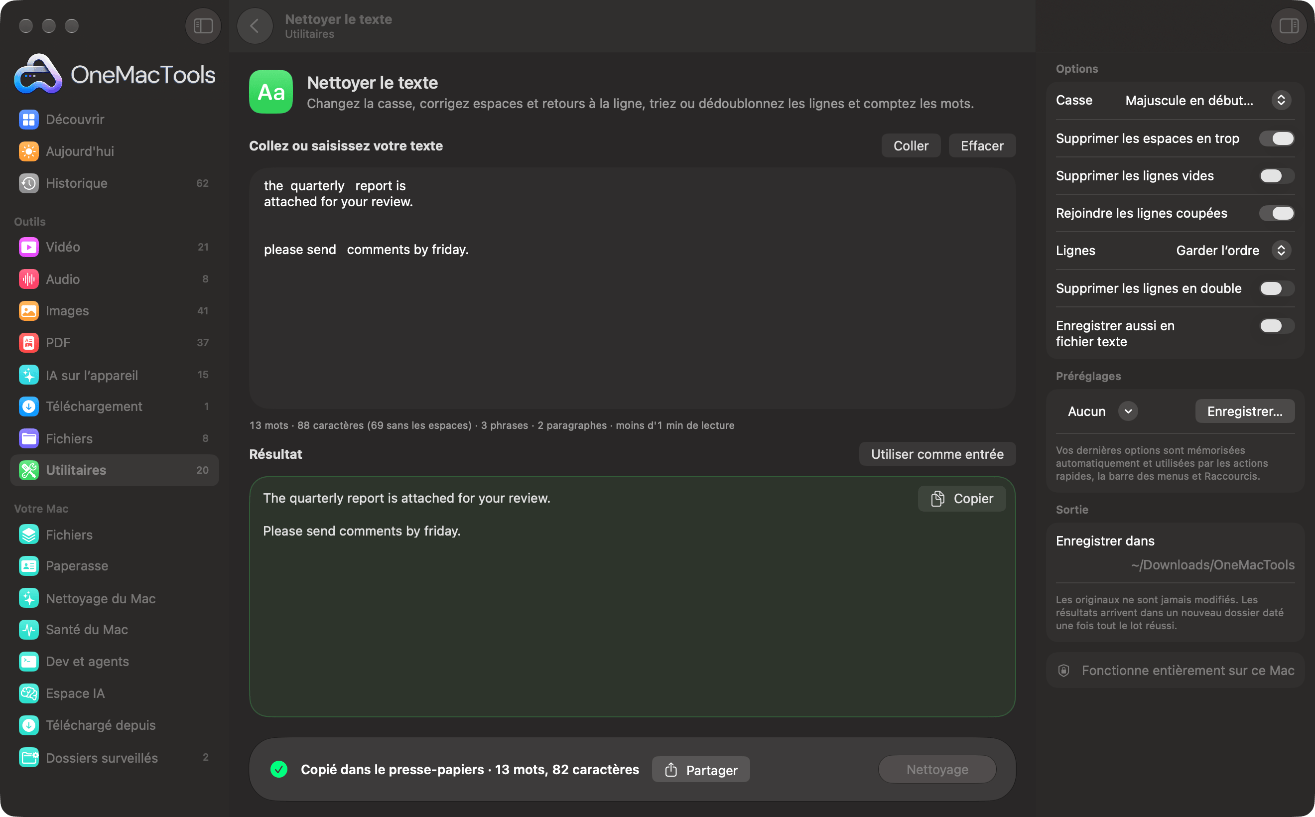 Nettoyer le texte de OneMacTools transformant un texte collé en désordre en phrases soignées, avec un compteur de mots en direct