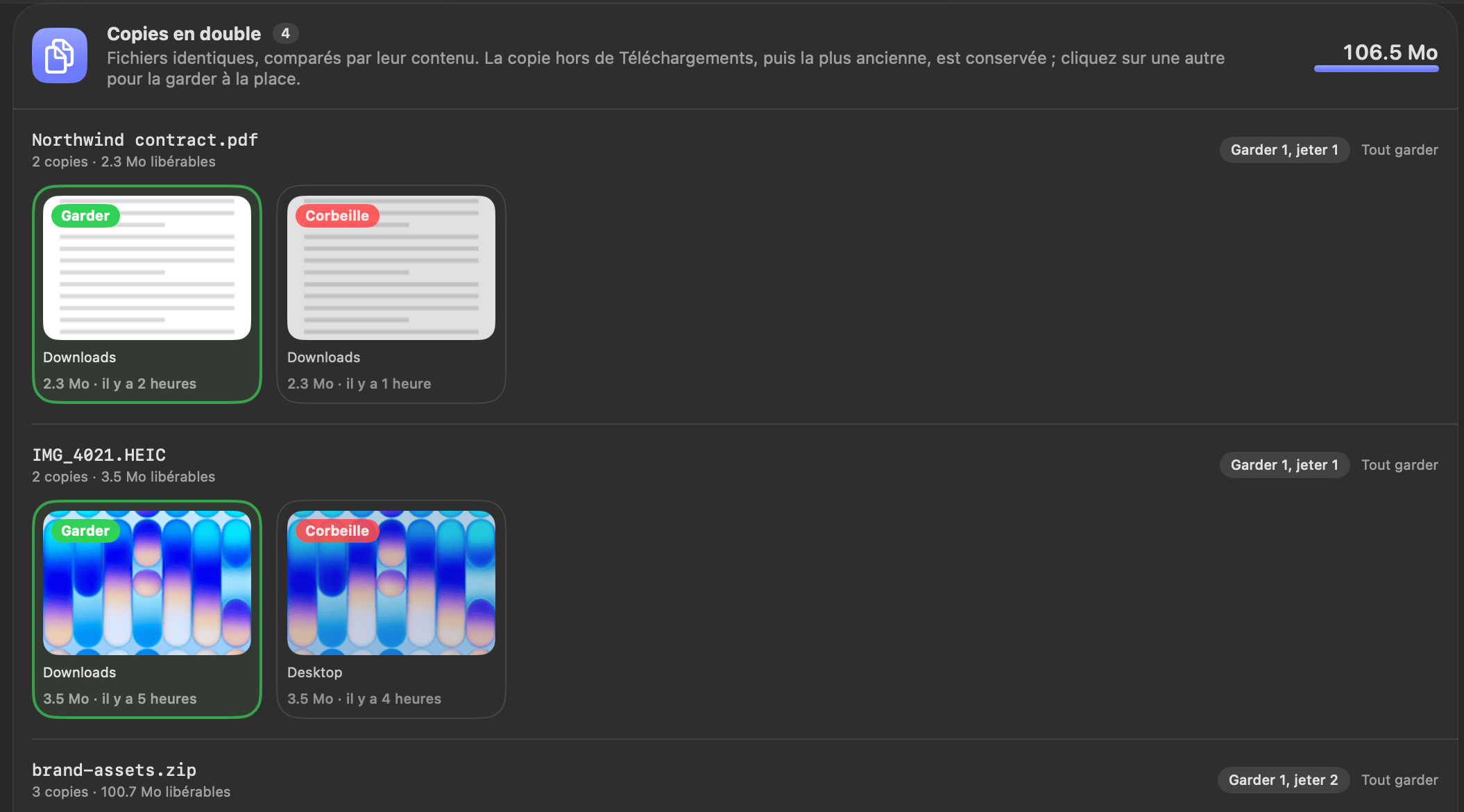 Vérification des doublons dans OneMacTools : chaque série de fichiers identiques en vignettes marquées Conserver ou Corbeille
