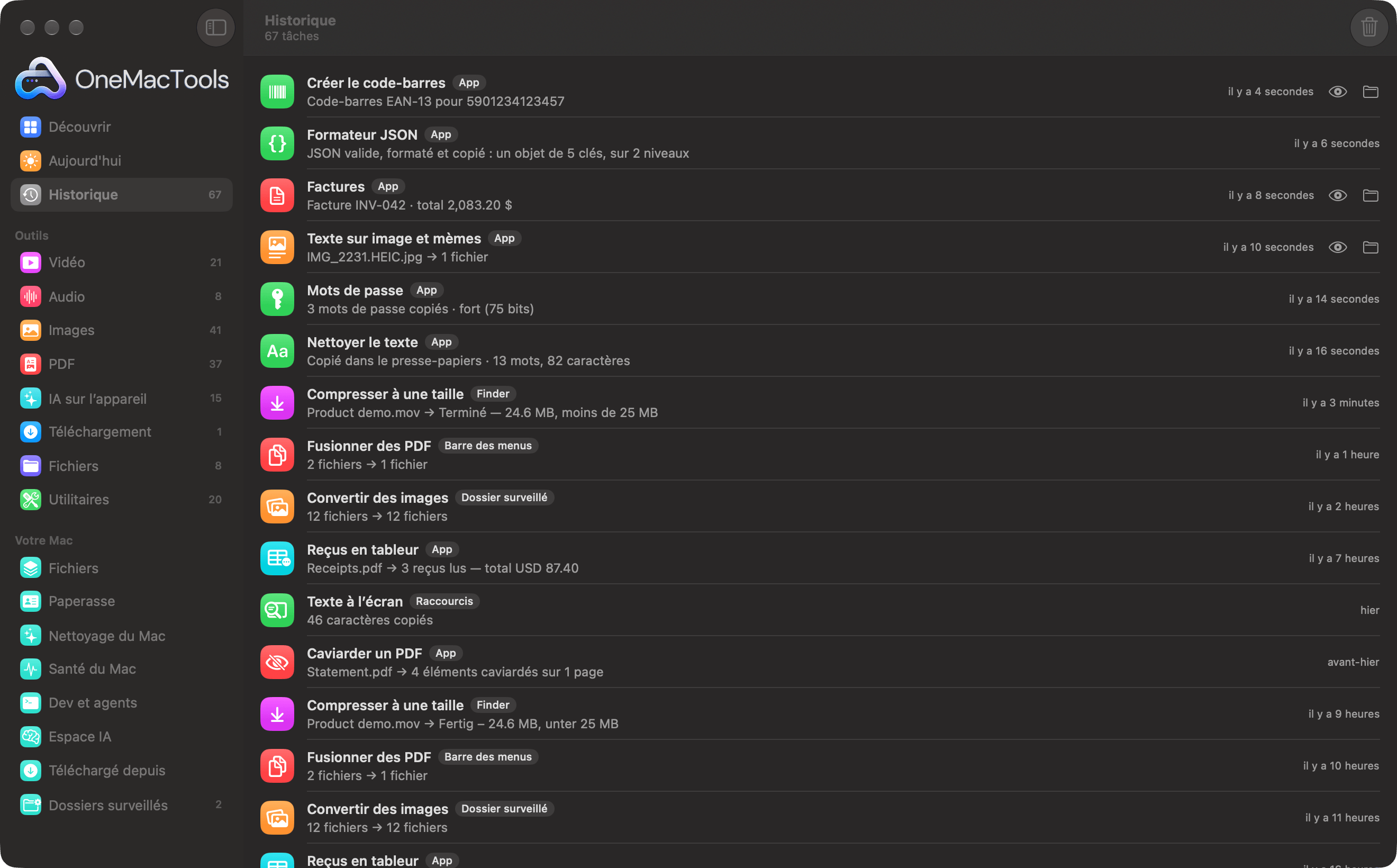 Historique de OneMacTools listant des tâches lancées depuis le Finder, la barre des menus, les Dossiers surveillés et Raccourcis