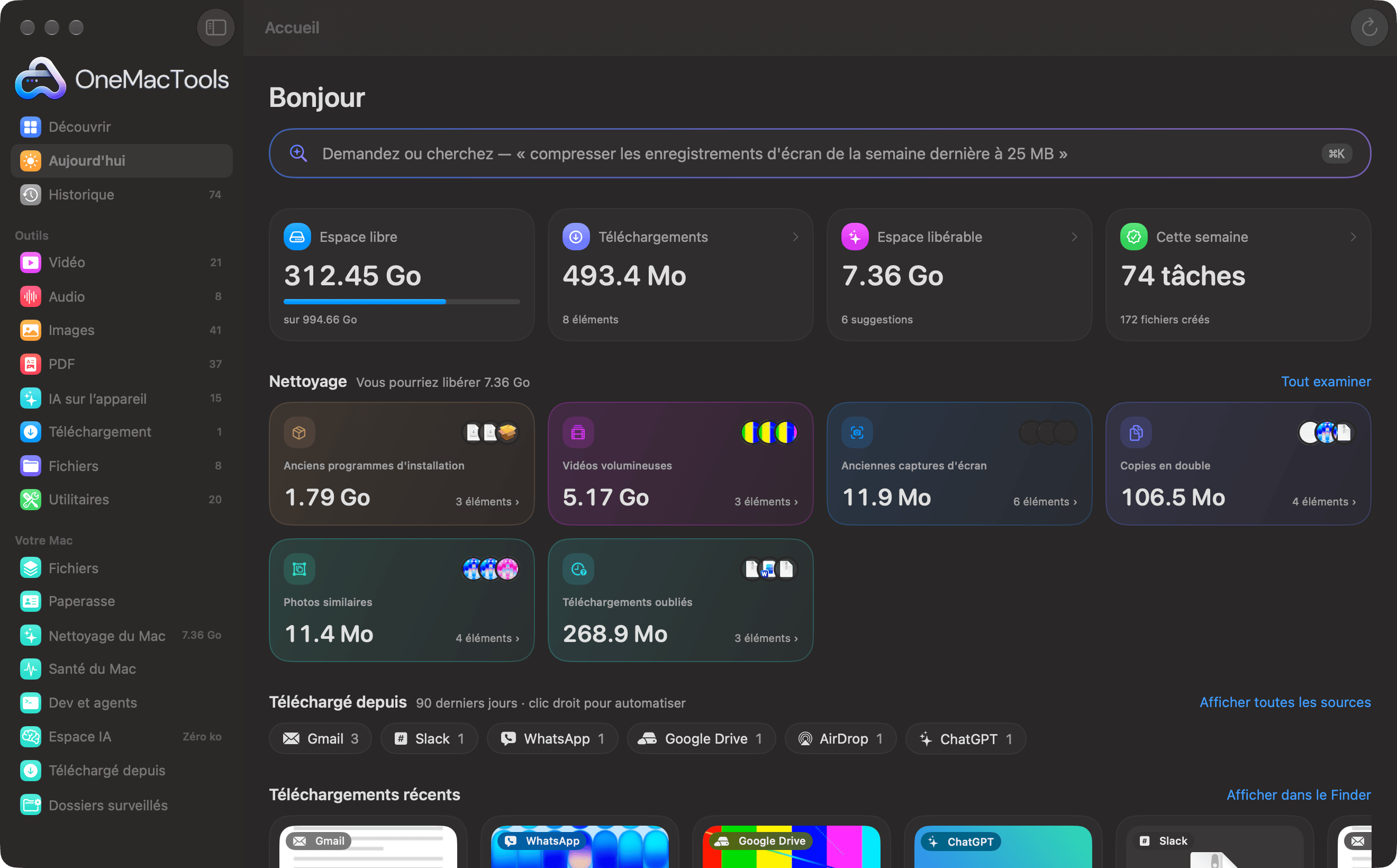 Accueil de OneMacTools : espace libre, Téléchargements, cartes Nettoyage pour les programmes d’installation, vidéos volumineuses, captures d’écran, doublons et photos similaires, et téléchargements regroupés par source