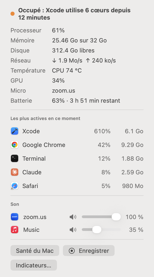 Menu déroulant de Santé du Mac dans la barre des menus avec processeur, mémoire, disque, réseau, température, GPU, micro et batterie, les cinq apps les plus actives, Enregistrer, et un curseur de volume pour chaque app qui émet du son